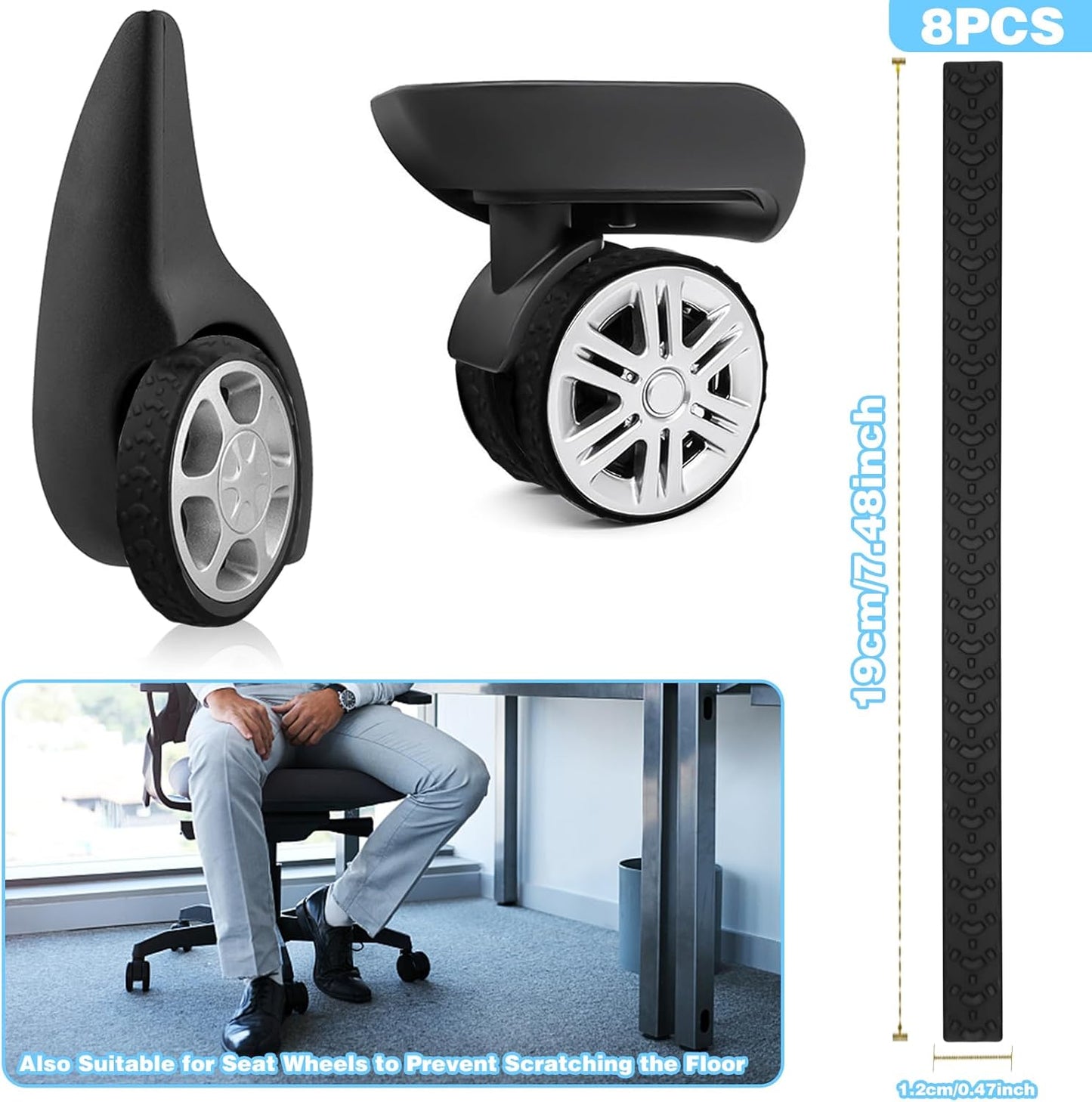 8Pcs Silicone Luggage Cover Protector - Silent Protection Suitcase Wheel Protection Covers (Black)