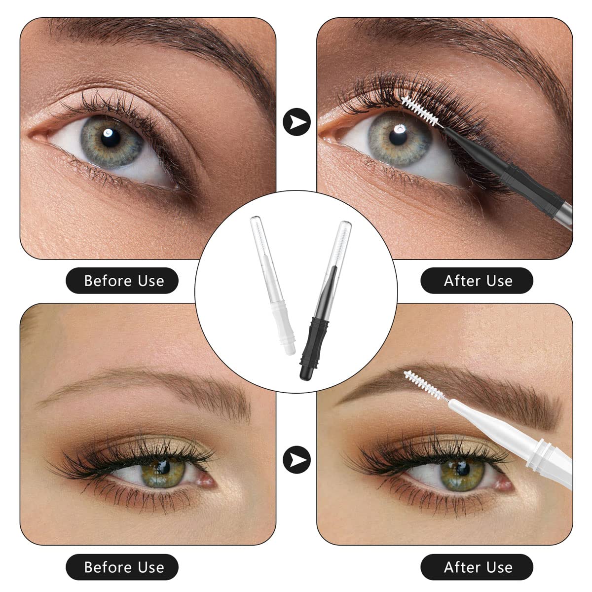20 Pcs Micro Eyebrow Brush With Cap,Eyebrow Spoolie Brush Micro Eyebrow Lamination Brush 2 Size Multifunctional Micro Spooly Lash Mascara Brush Comb for Eyelash Lift Extensions Brow Clean(White,Black)