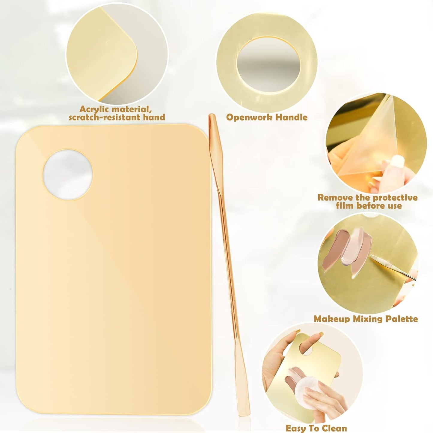 2Pcs Acrylic Makeup Mixing Palette with 2 Pcs Makeup Spatula, Gold Foundation Mixing Tray Cosmetic Palette Mixer for Foundation, Eyeshadow, Lipsticks, Nail Art