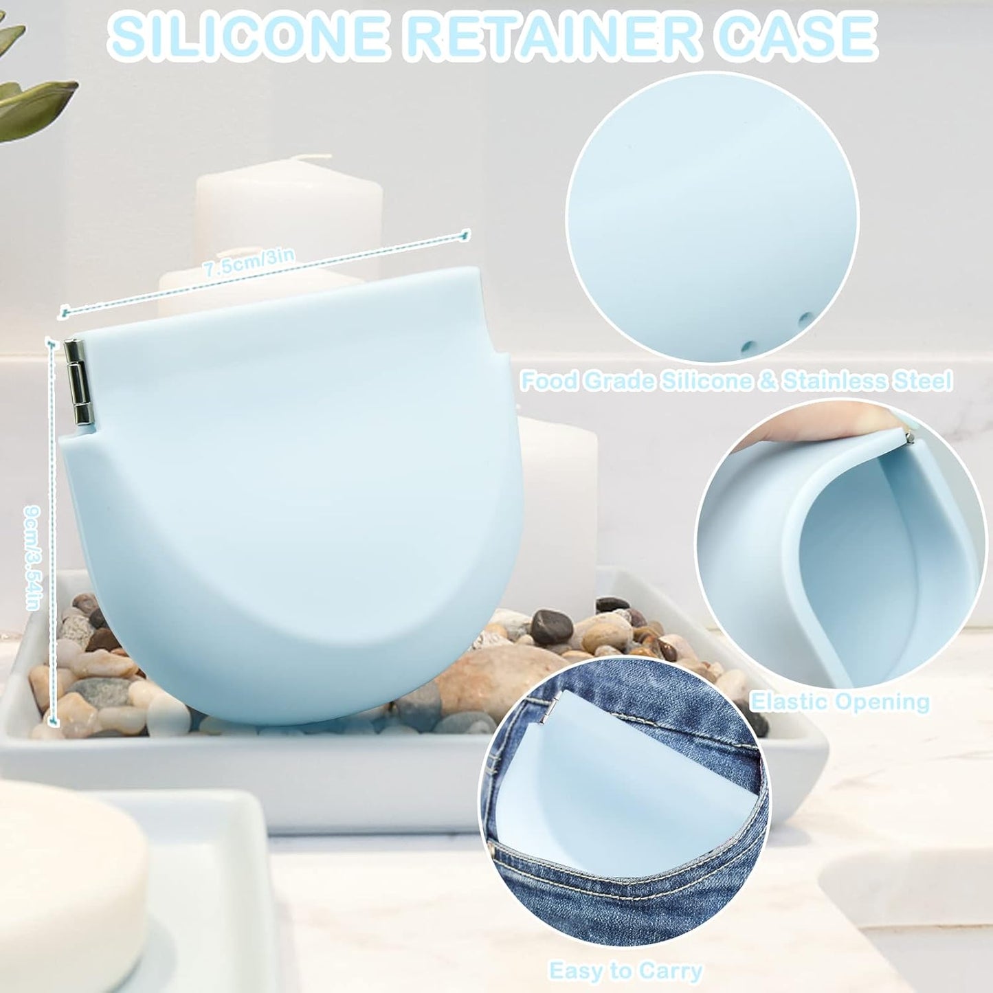 Silicone Retainer Case, Denture Case Retainer Holder with Vent Holes, Portable Retainer Cleaner Case for Women Men Kids Boys Girls, Mouth Guard Aligner Case Dental Retainer Container Case (Light Blue)