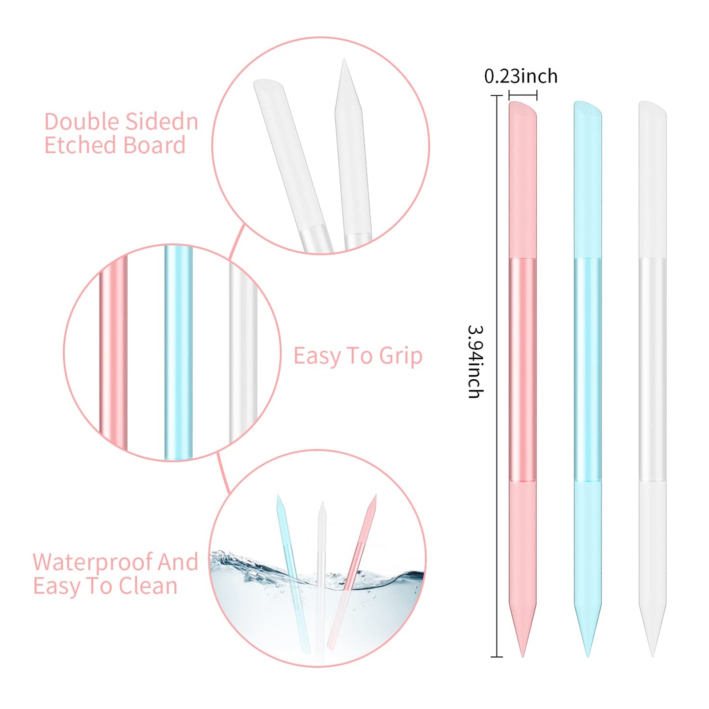 3 Pcs Glass Cuticle Pusher Nail File Cuticle Manicure Stick Remover Cuticle Tool Set Double Sided Crystal Glass with Grit Cuticle Care Stick for Women Girls Nail Salons Homes(Pink,Blue,Transparent)