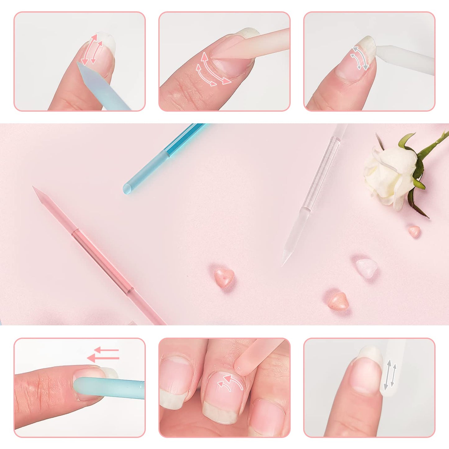 3 Pcs Glass Cuticle Pusher Nail File Cuticle Manicure Stick Remover Cuticle Tool Set Double Sided Crystal Glass with Grit Cuticle Care Stick for Women Girls Nail Salons Homes(Pink,Blue,Transparent)