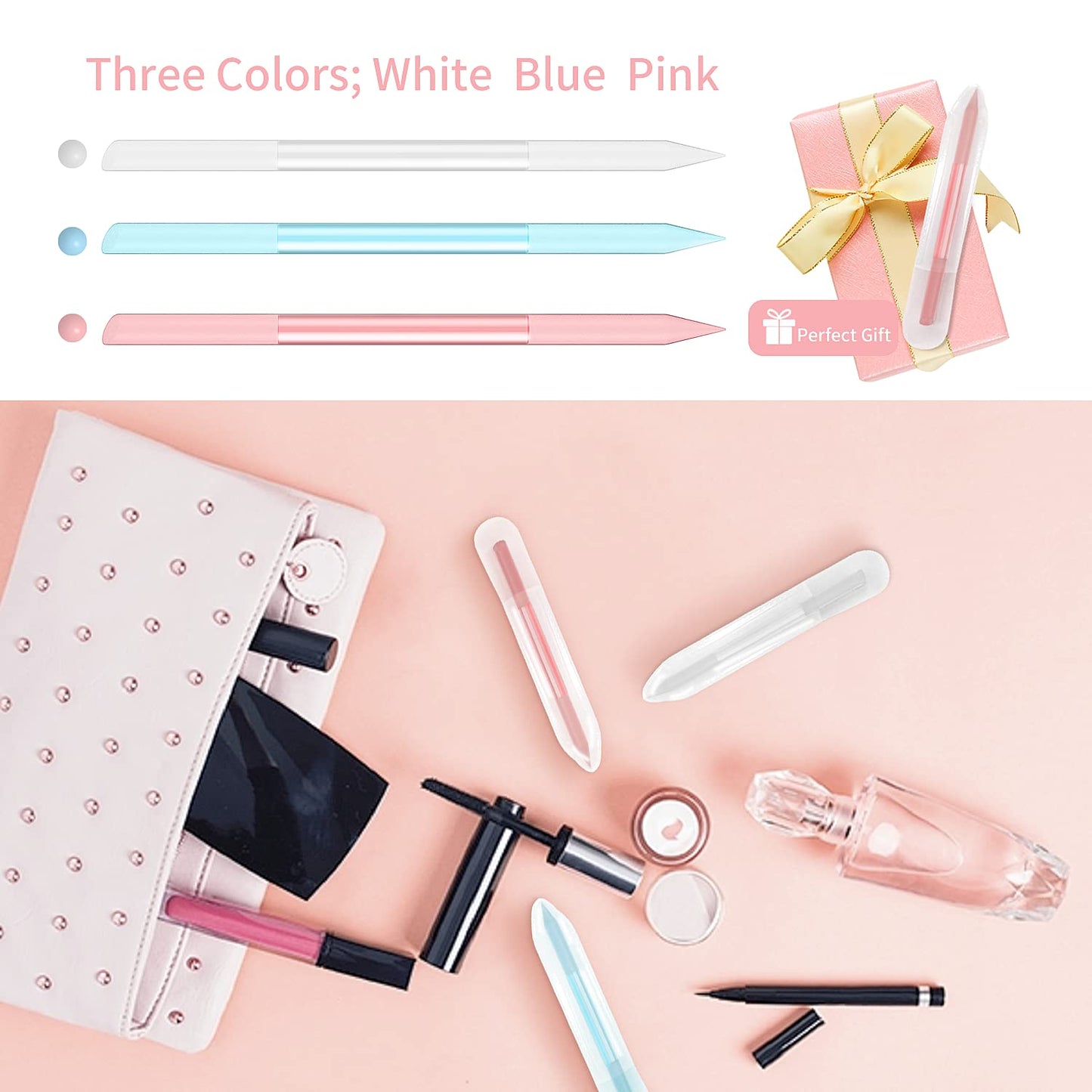 3 Pcs Glass Cuticle Pusher Nail File Cuticle Manicure Stick Remover Cuticle Tool Set Double Sided Crystal Glass with Grit Cuticle Care Stick for Women Girls Nail Salons Homes(Pink,Blue,Transparent)