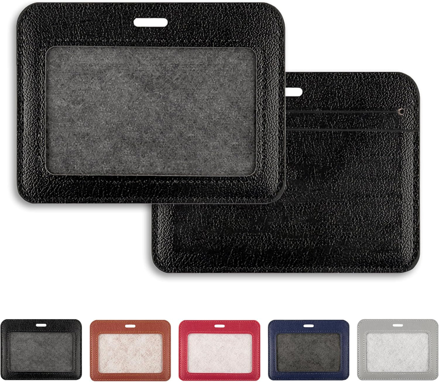 1 Pcs Leather ID Badge Holder - Horizontal, Black, Multiple Card Slots for Offices, Staff, Students, Employees