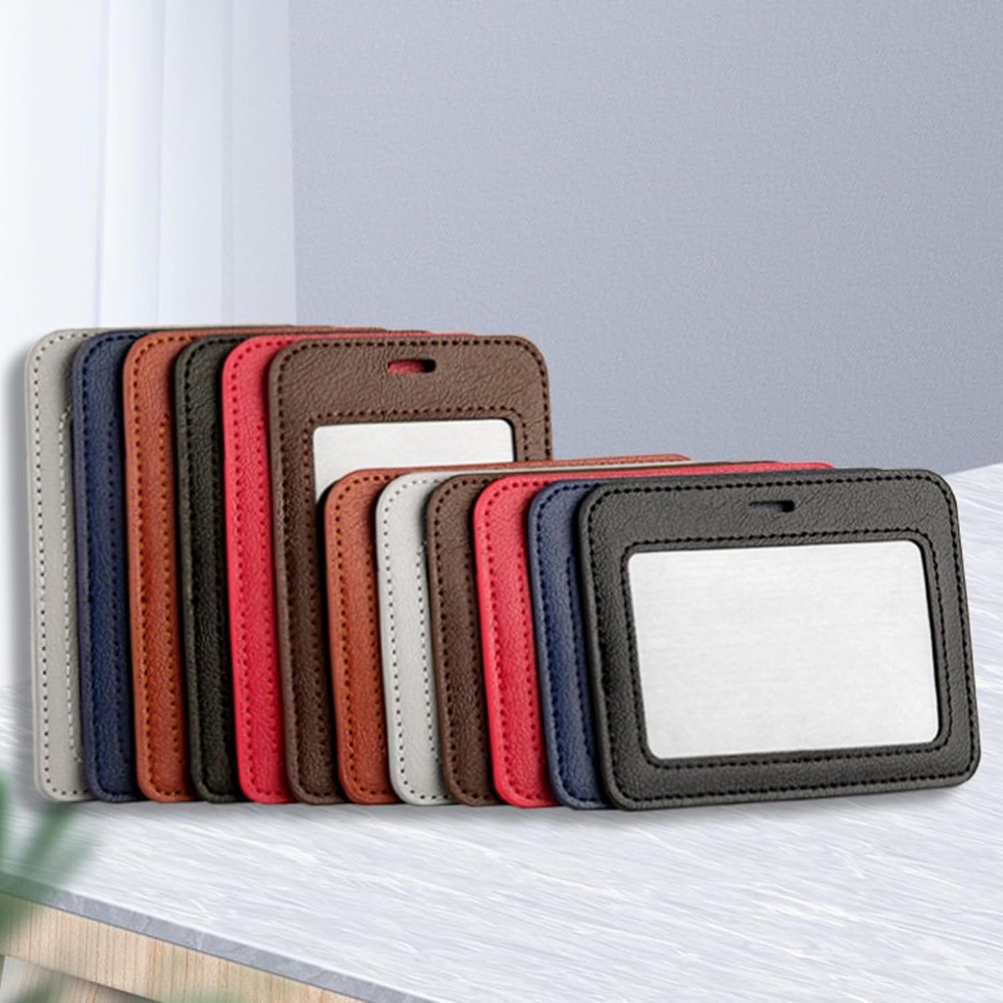 1 Pcs Leather ID Badge Holder - Horizontal, Black, Multiple Card Slots for Offices, Staff, Students, Employees