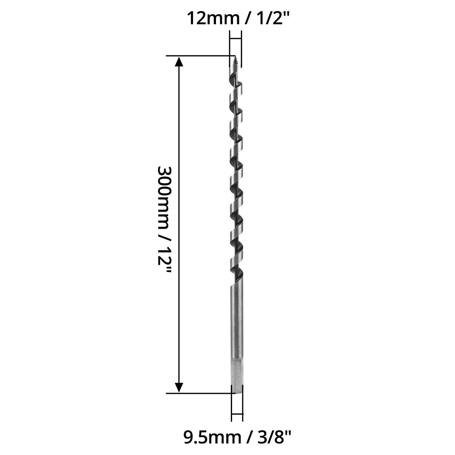 Auger Drill Bit for Wood, 1/2 Inch Diameter x 12 Inch Length, 3/8-Inch Hex Shank, Long Drill Bits