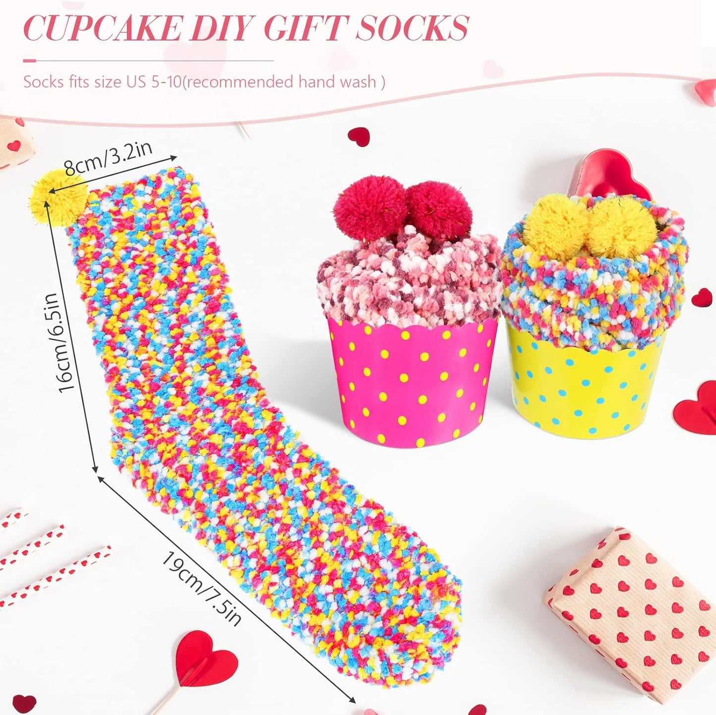 2 Paris Valentine's Day Fuzzy Cupcake Socks DIY Present Colorful Socks for Women Girl Winter Warm Soft Fluffy Birthday Party Teachers Gifts