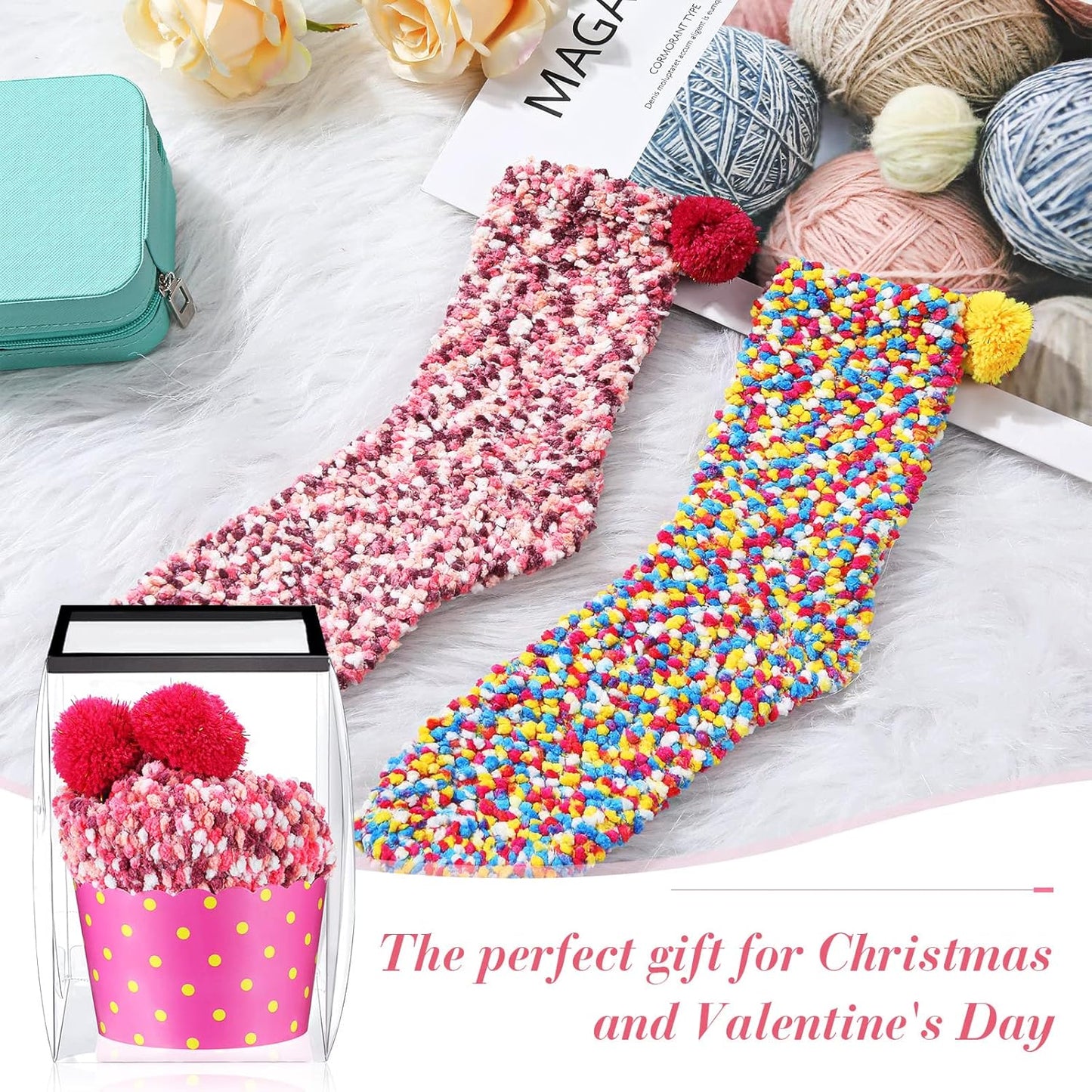 2 Paris Valentine's Day Fuzzy Cupcake Socks DIY Present Colorful Socks for Women Girl Winter Warm Soft Fluffy Birthday Party Teachers Gifts