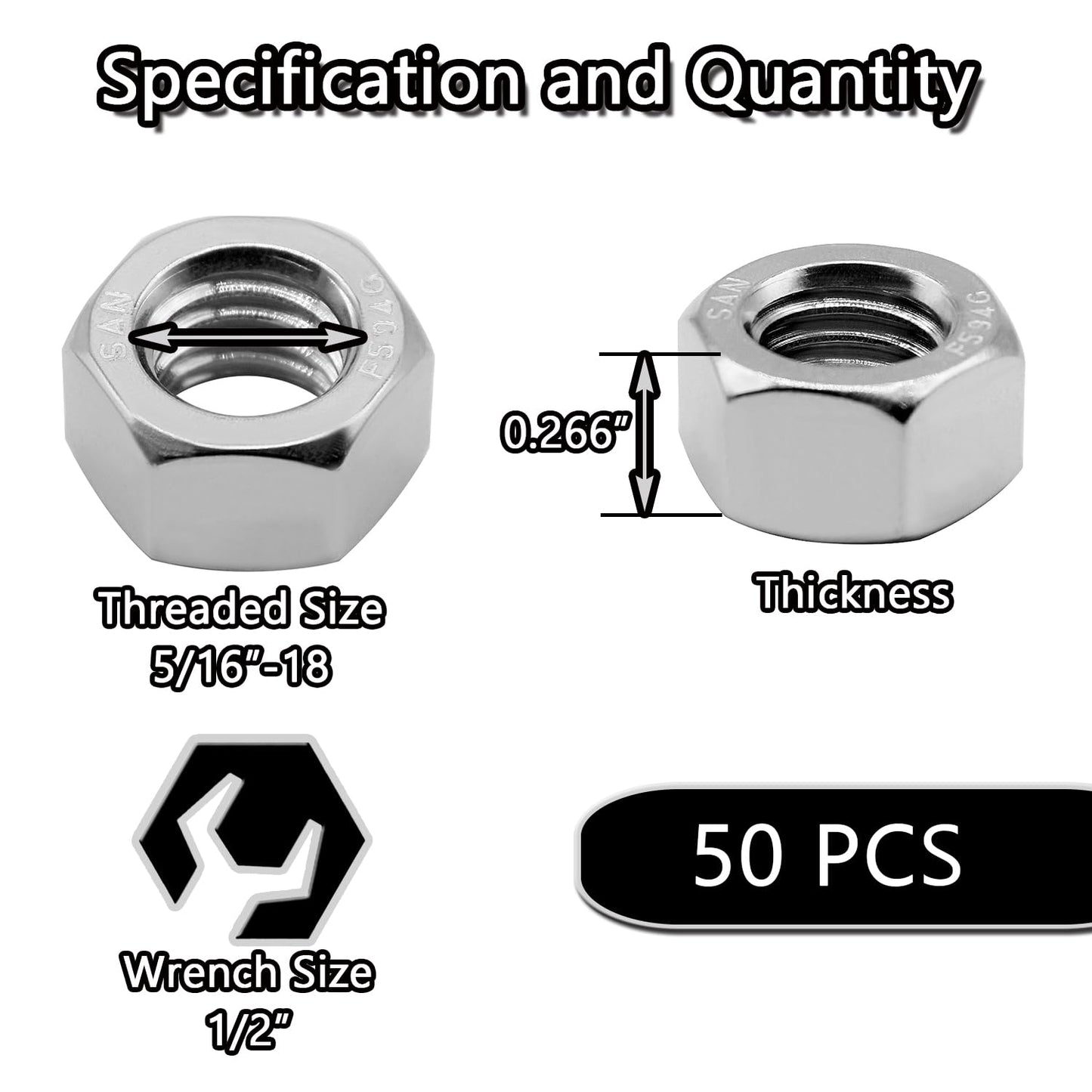 50PCS 5/16"-18 Nuts 18-8 304 (A2-70) Stainless Hardware Nuts Commercial Grade for Boats Dock Car