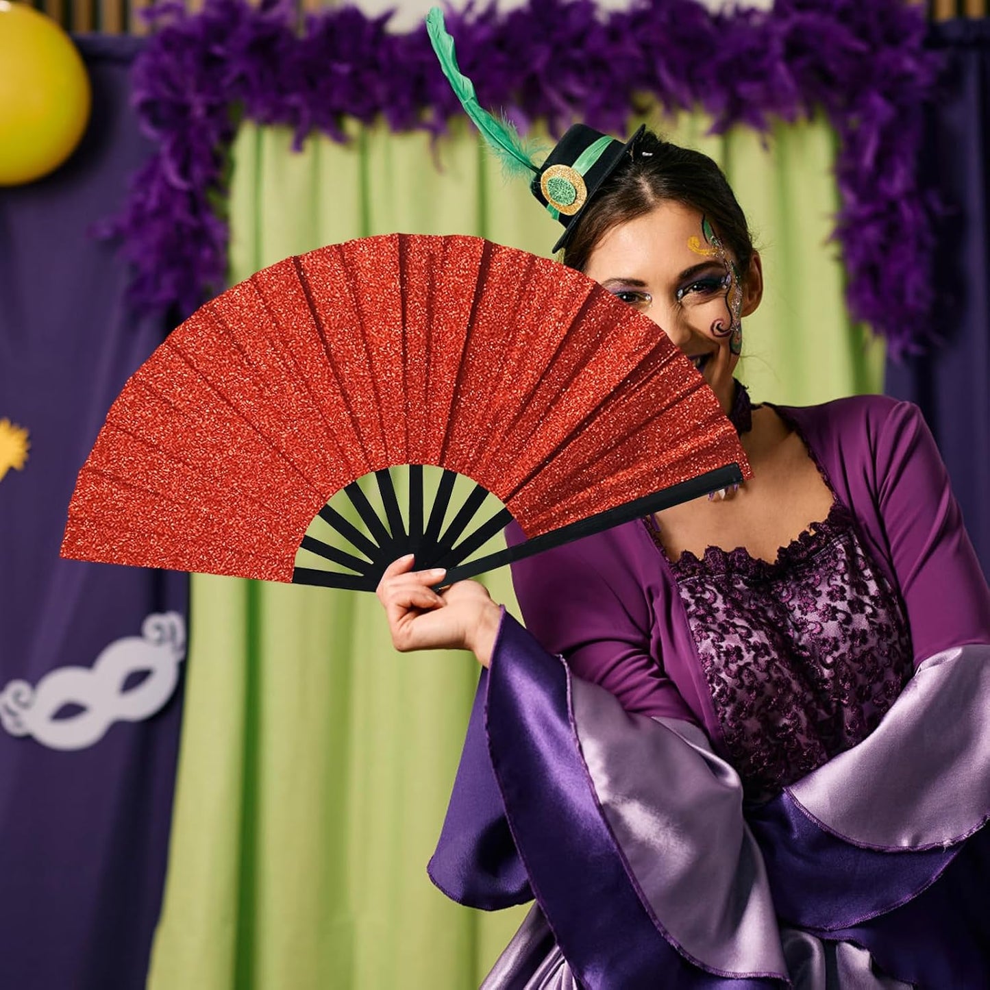 Line Dance Popping Fan,13 Inches Clacking Fans for Line Dancing,Boots on The Ground Hand Fan,Popping Fans for Line Dancing,Music Festivals,Carnival,Disco, Party (Red Glitter)