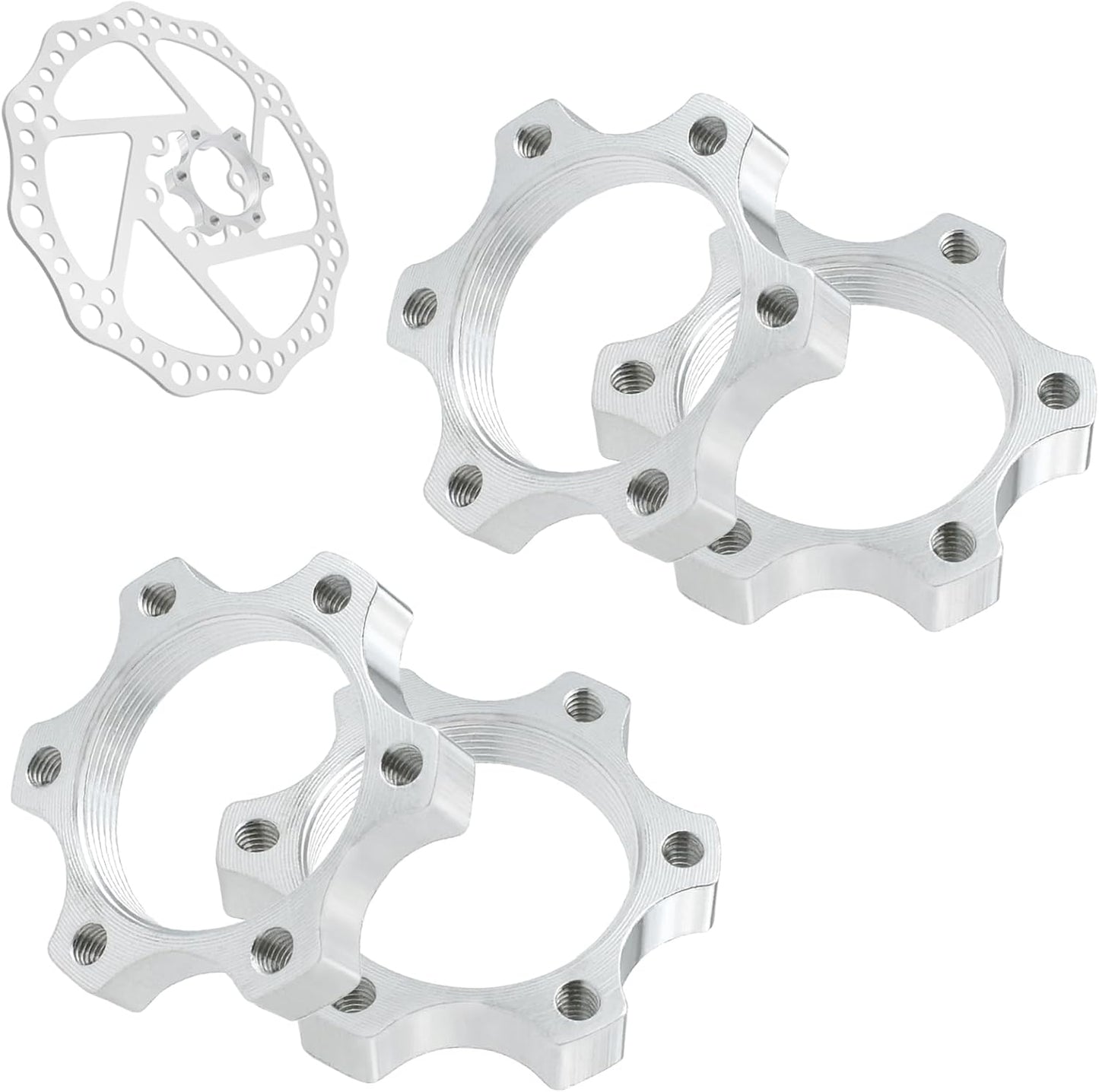 4 Pcs 44MM Bike Freewheel Threaded Hubs Disk Brake Adapter, 1.73-inch Aluminum Alloy 6-Bolt Disc Brake Rotor Flange Adapter, Silver