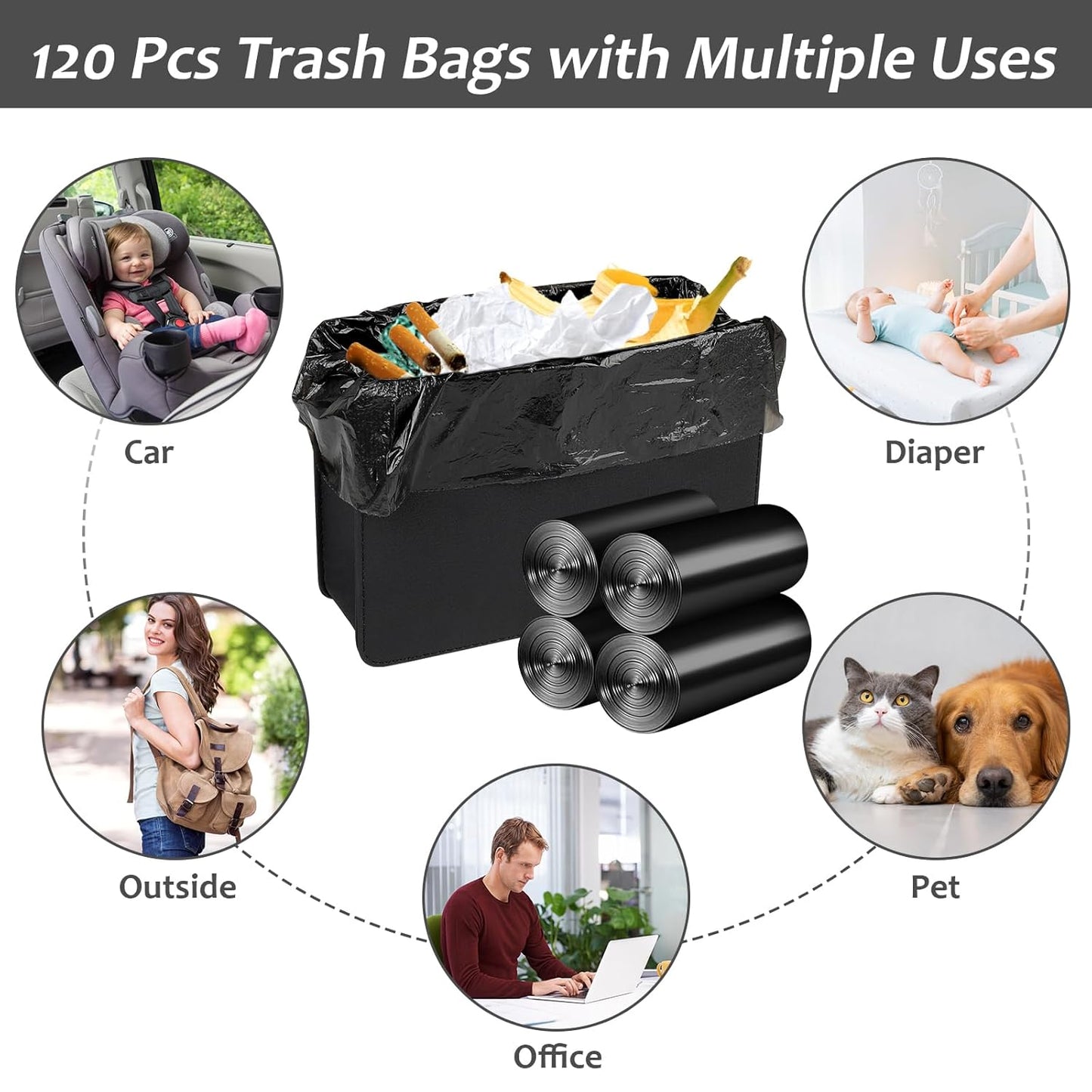 Mini Car Trash Can Bags for Auto Trash Bin, 120 Count Small Garbage Bags Organizer Tear-Resistant, Liner Refills (Vehicle Trash Can is not Included), Black