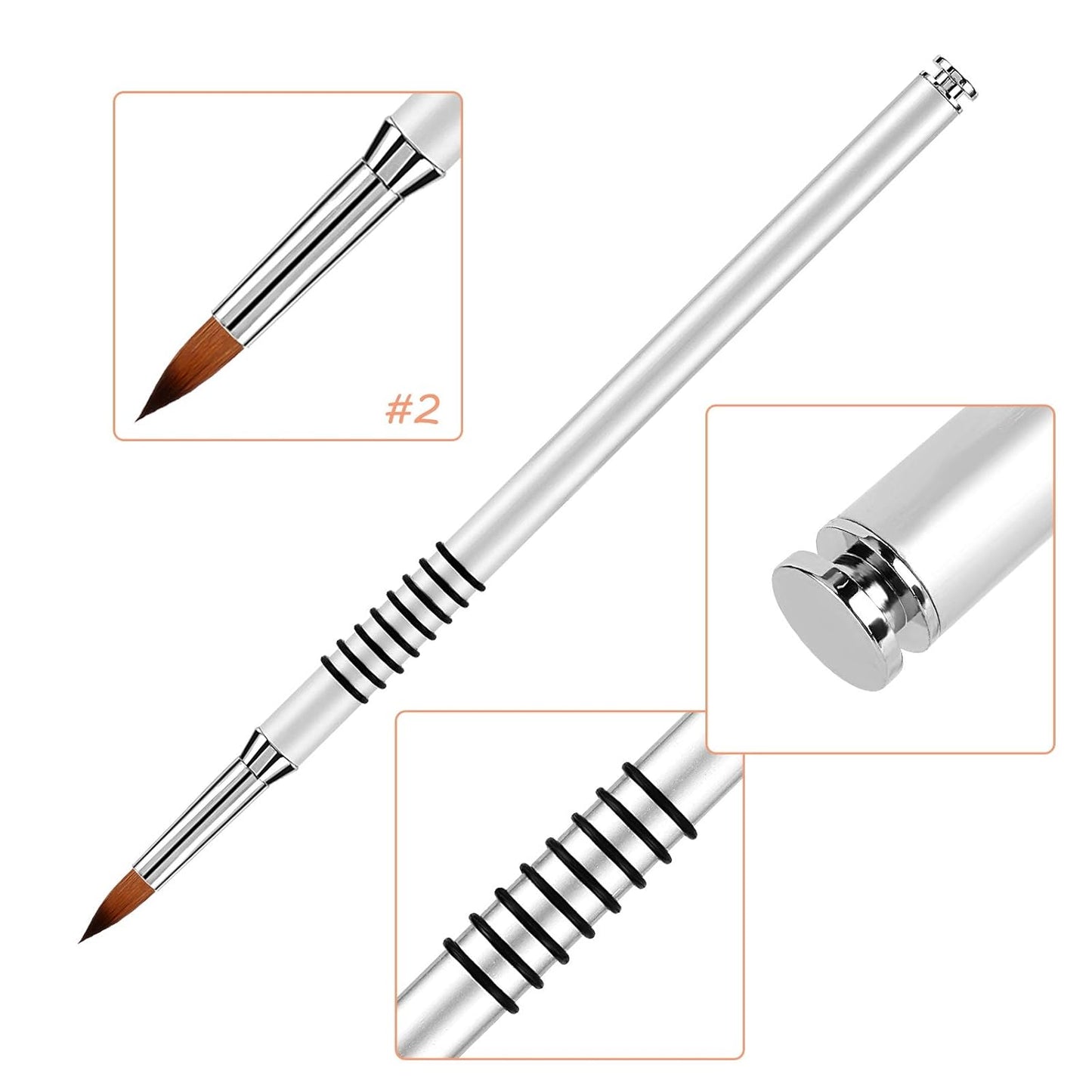 3D Nail Art Brush for Acrylic Powder, Kolinsky Acrylic Nail Brush, Silver Metal with Non-Slip Handle (Size # 2)