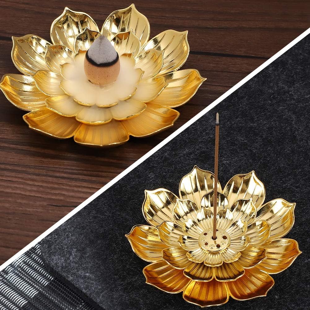 Zinc Alloy Incense Holder, Lotus Stick Incense Burner, Incense Holder for Stick/Coil/Cone Incense with Ash Catcher, Gold