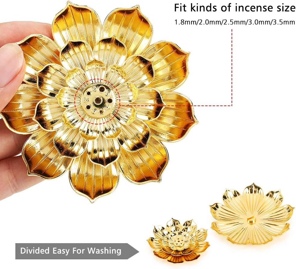 Zinc Alloy Incense Holder, Lotus Stick Incense Burner, Incense Holder for Stick/Coil/Cone Incense with Ash Catcher, Gold