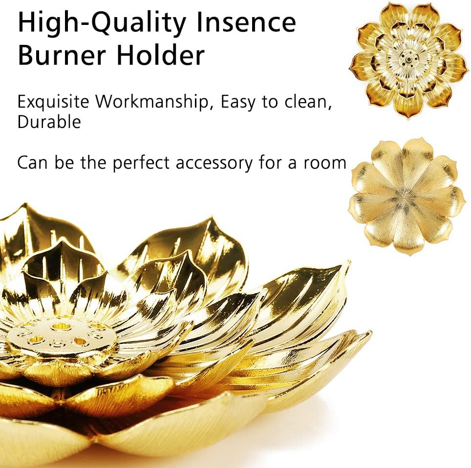 Zinc Alloy Incense Holder, Lotus Stick Incense Burner, Incense Holder for Stick/Coil/Cone Incense with Ash Catcher, Gold