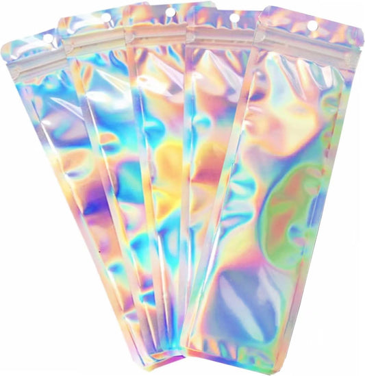 100pcs Holographic Packaging Bags Resealable Smell Proof Bags Pen Packaging for Bead Pens Small Business 2.4x9 inch Party Favor Food Storage