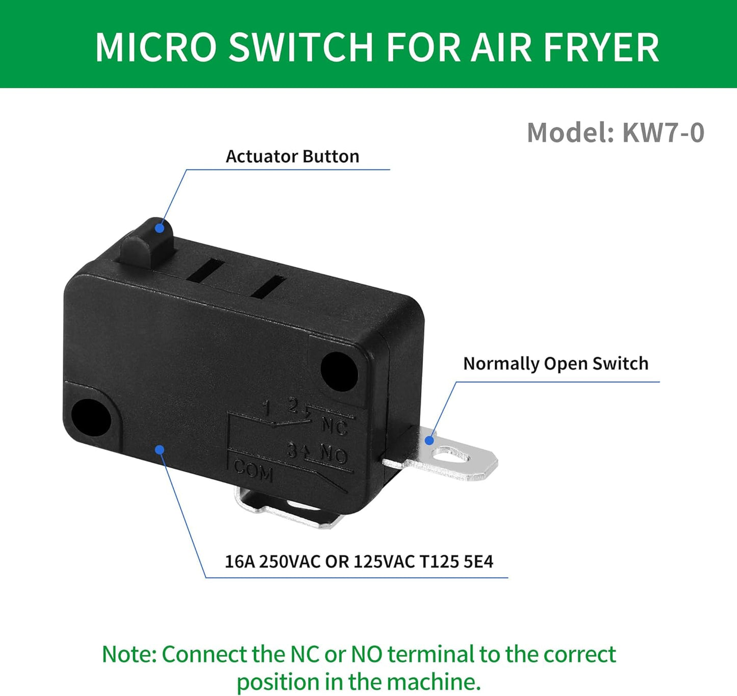 KW7-0 Micro Switch, Replacement for Air Fryer XL, Power XL, Vortex, Microswitches for Microwave Oven & Induction Cooker - Normally Open, 16A 125V/250V, 2Pins 1NO 1NC
