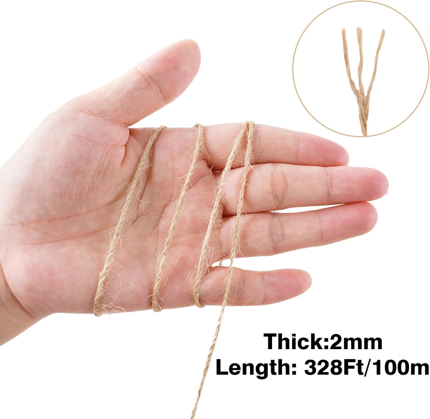 2MM Jute Twine - 328Ft Natural Brown Jute String, 3-Ply Thin String for Gardening, Craft Twine for DIY Crafts, Gift Wrapping, Crochet Kitting, Macrame Decor
