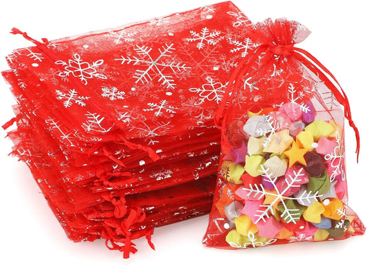 4x6 Inch Christmas Organza Bags - 50Pcs Red Snowflake Gift Bags with Drawstring, Xmas Party Favor Sheer Mesh Pouches for Winter Gift, Candy, Jewelry Bag