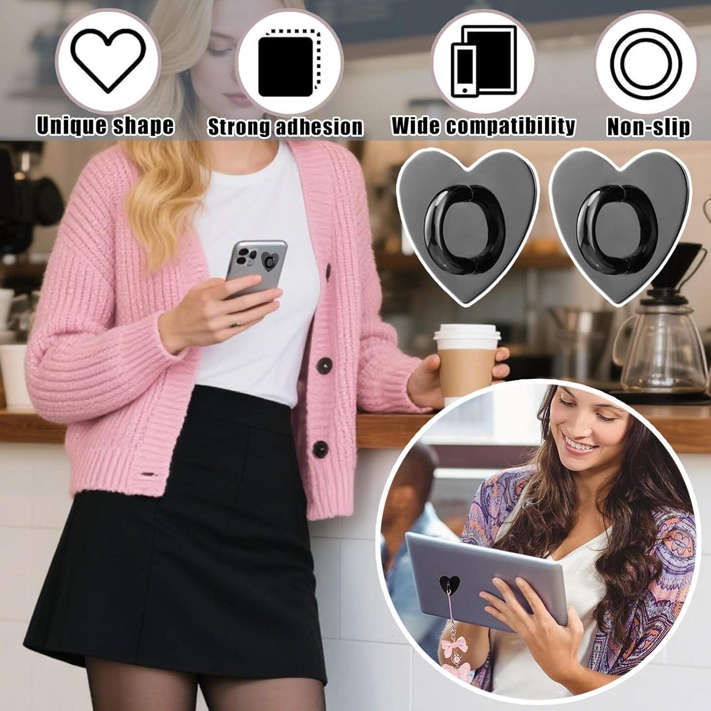 12 Pcs Phone Charm Hook Heart-Shaped Universal Adhesive Metal Hook Phone Keychain Hook Surface Plating Heart Cell Phone Ring Holder Suitable for Cell Phone Case Tablet DIY Hanging Accessories