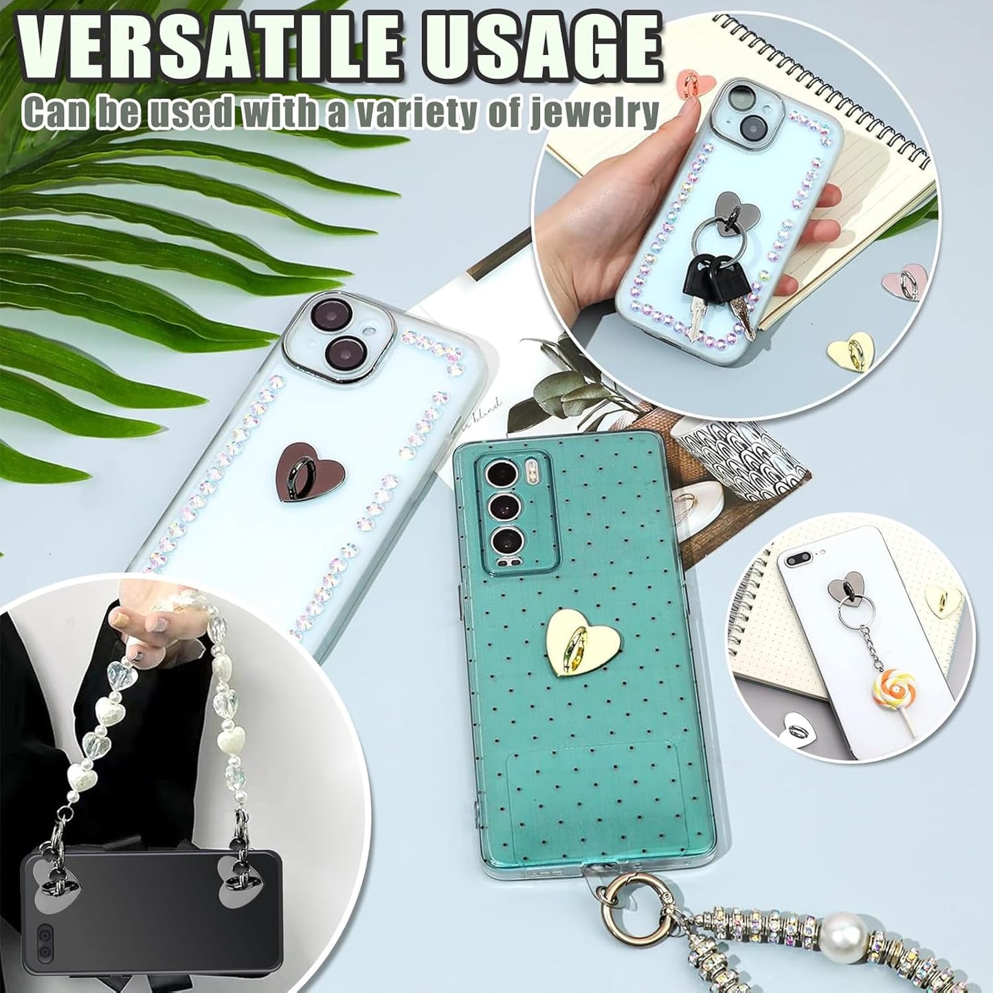 12 Pcs Phone Charm Hook Heart-Shaped Universal Adhesive Metal Hook Phone Keychain Hook Surface Plating Heart Cell Phone Ring Holder Suitable for Cell Phone Case Tablet DIY Hanging Accessories