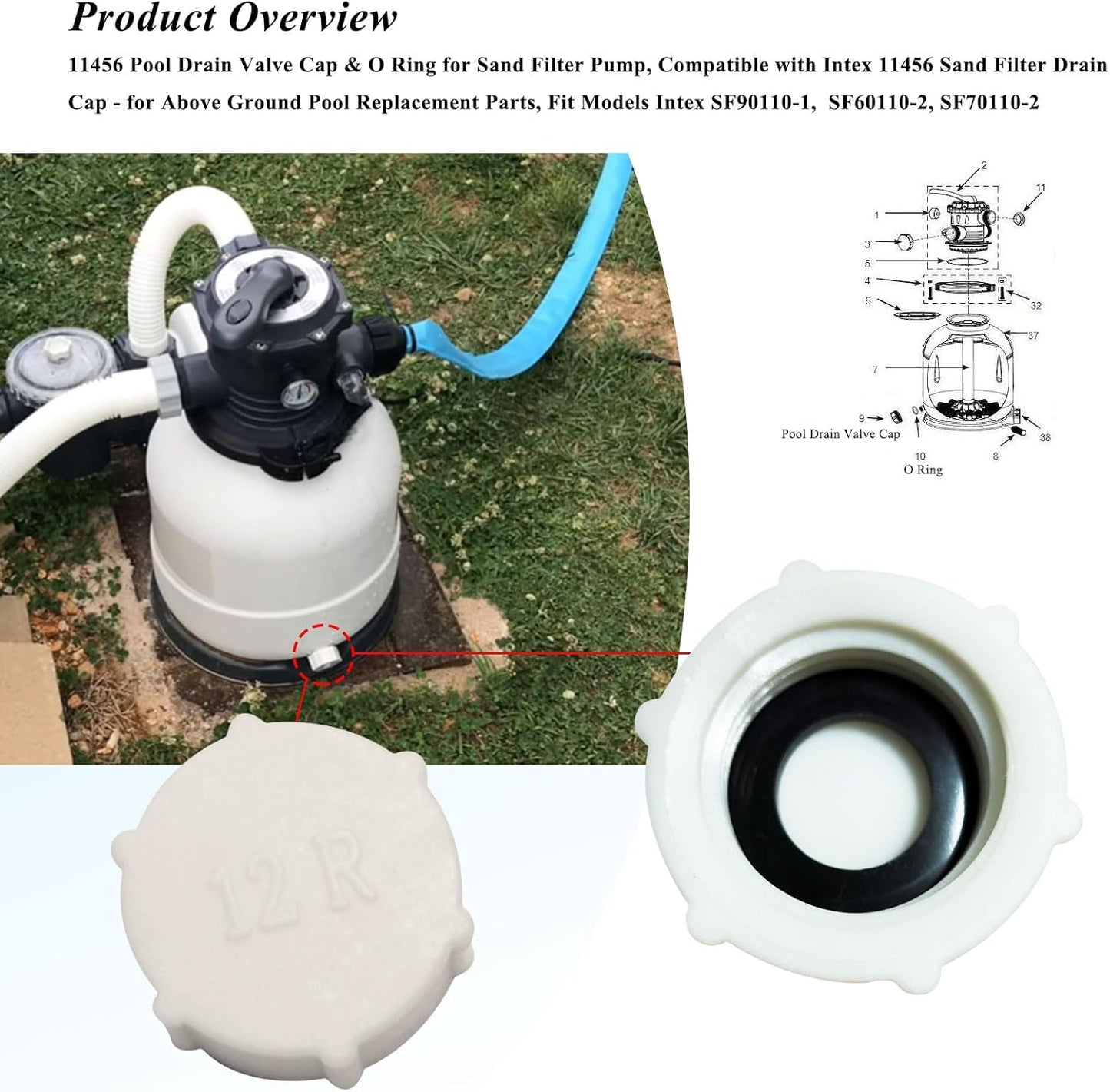 Drain Valve Cap Compatible with Intex Pools 11456 & 11385 Sand Filter Drain Cap with O-Ring for Above Ground Pool, Drain Plug Cap for Sand Filter Pumps and Combo Replacement Parts,SF90110-1,SF60110-2