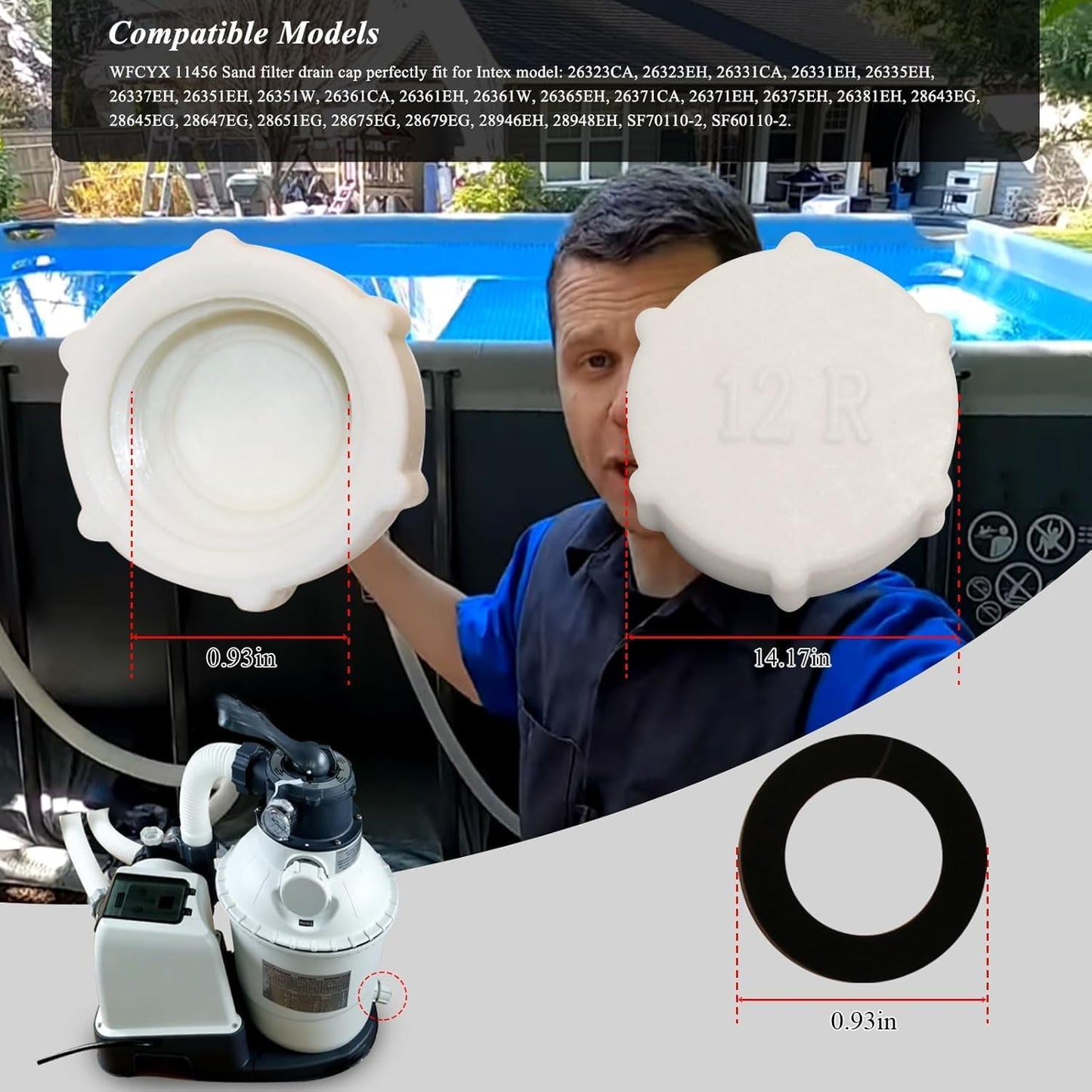 Drain Valve Cap Compatible with Intex Pools 11456 & 11385 Sand Filter Drain Cap with O-Ring for Above Ground Pool, Drain Plug Cap for Sand Filter Pumps and Combo Replacement Parts,SF90110-1,SF60110-2