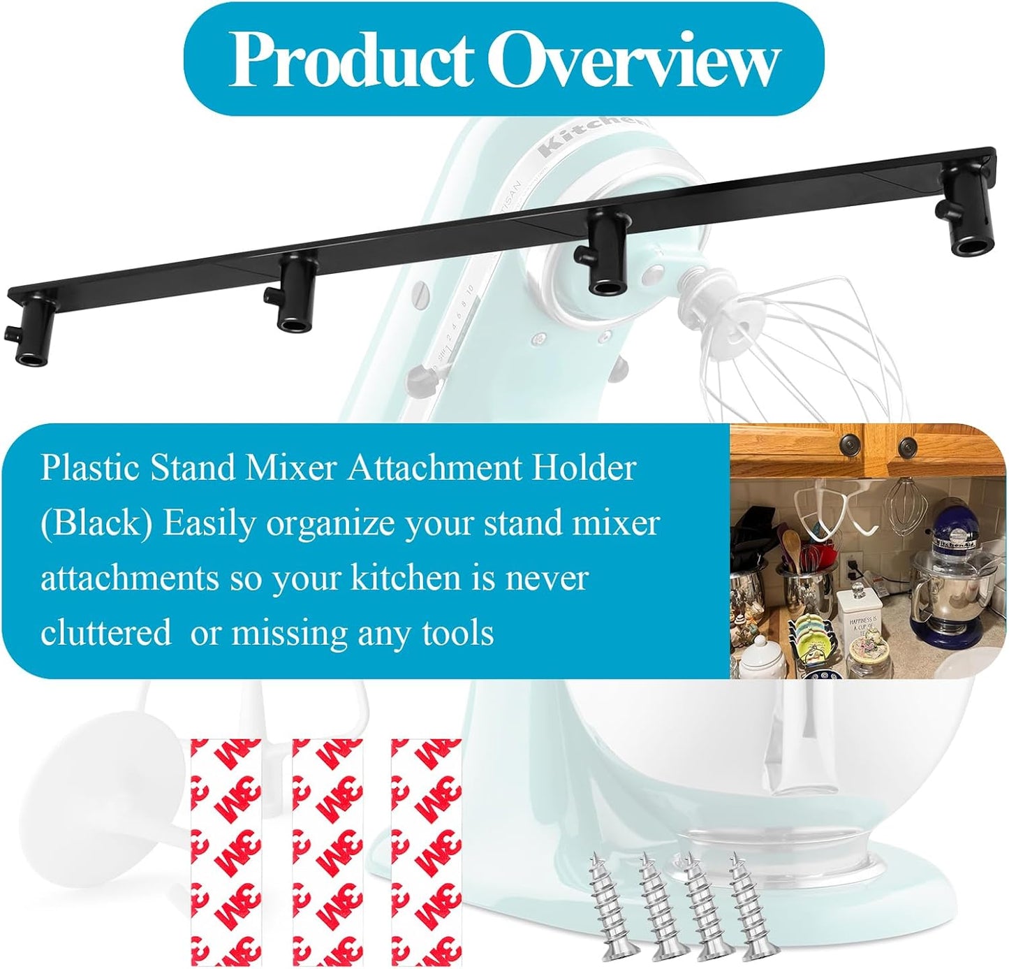 Plastic Stand Mixer Attachment Holder Compatible With Kitchenaid Mixer Accessories, Organize Flat Paddle Beater, Wire Whisk, Dough Hook Attachments, Space Saver for Wall or Below Cabinets,1 Pcs Black