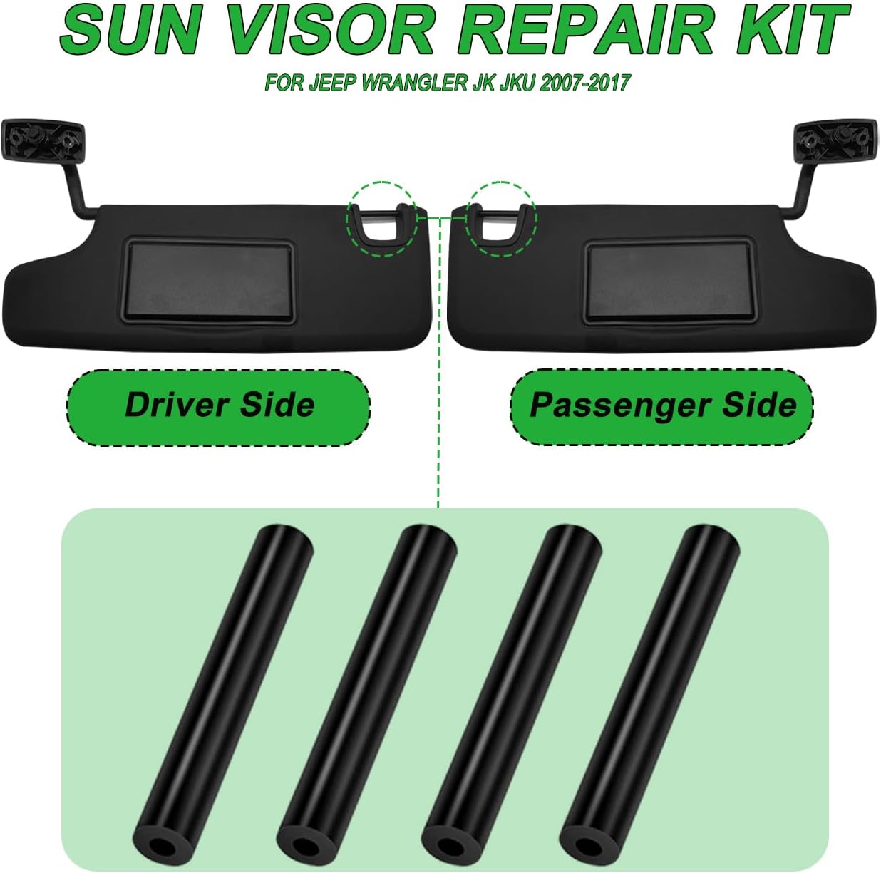 Sun Visor Repair Kit for Jeep Wrangler JK JKU 2007-2017 Repair Tubes for Left & Right Side Sunvisor,4Pcs(Black)