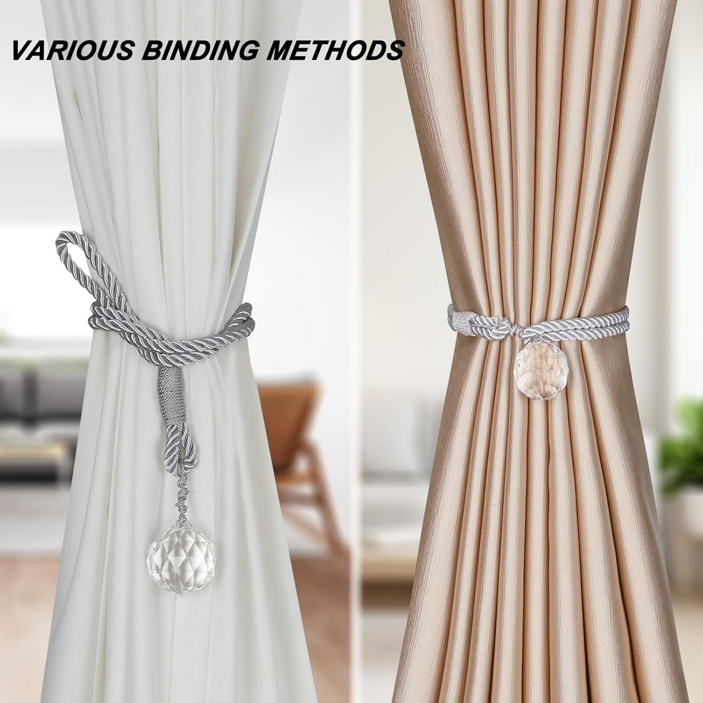 2 Pack Crystal Curtain Tiebacks Luxury Handmade Knots Curtain Ties Elegant Drape Holdbacks Rope for Home Office Drapes Sheer DIY Decoration (Silver, B)
