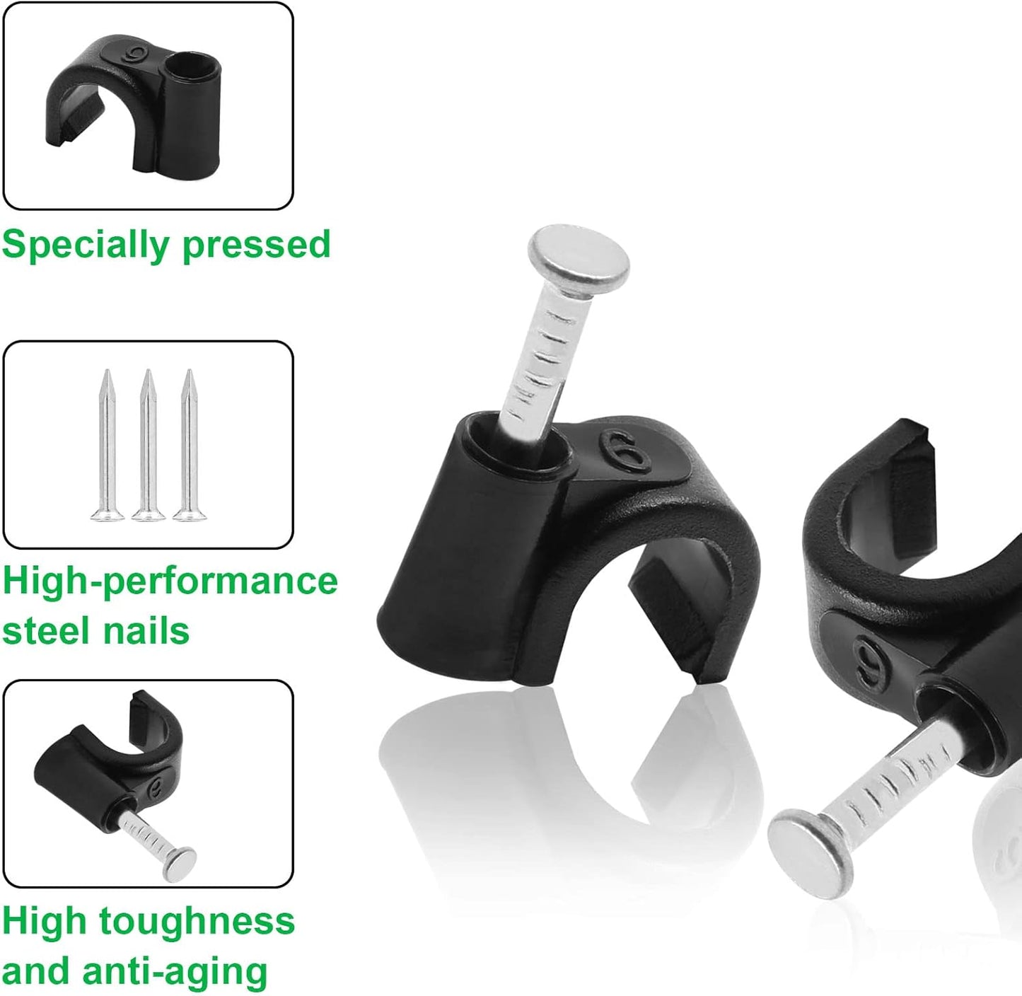 100pcs 1/4" / 6mm Half Clamp J-Hook with Nail, Nail in Cable Clips Ethernet Cable Nails Tacks Clips, Black