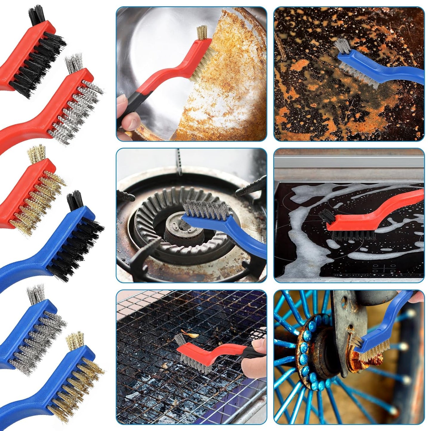 Wire Brush Set 6Pcs, Multi-Purpose Stainless Steel/ Brass/ Nylon Bristle with Curved Handle Grip for Welding Slag Cleaning, Metal Rust Scratching, Paint Scrubbing and Dirt Removal