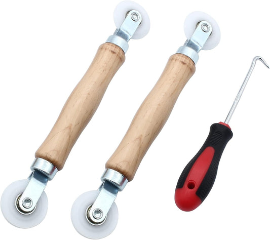 3 Pcs Window Door Screen Repair Kit, Screen Spline Roller Tool with Wooden Handle & Nylon Bearing Wheels and Removal Hook