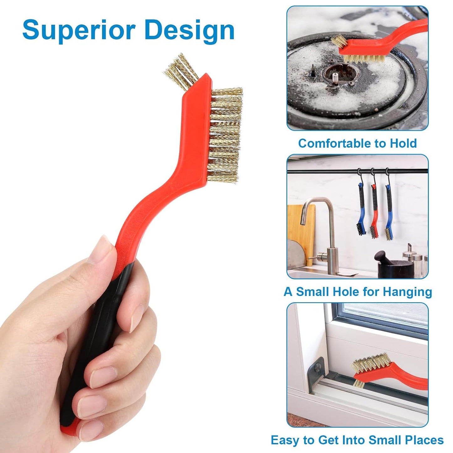 Wire Brush with Scraper Cleaner, Multi-Purpose Stainless Steel/Brass/Nylon Bristle with Curved Handle Grip for Welding Slag Cleaning, Metal Rust Scratching, Paint Scrubbing and Dirt Removal