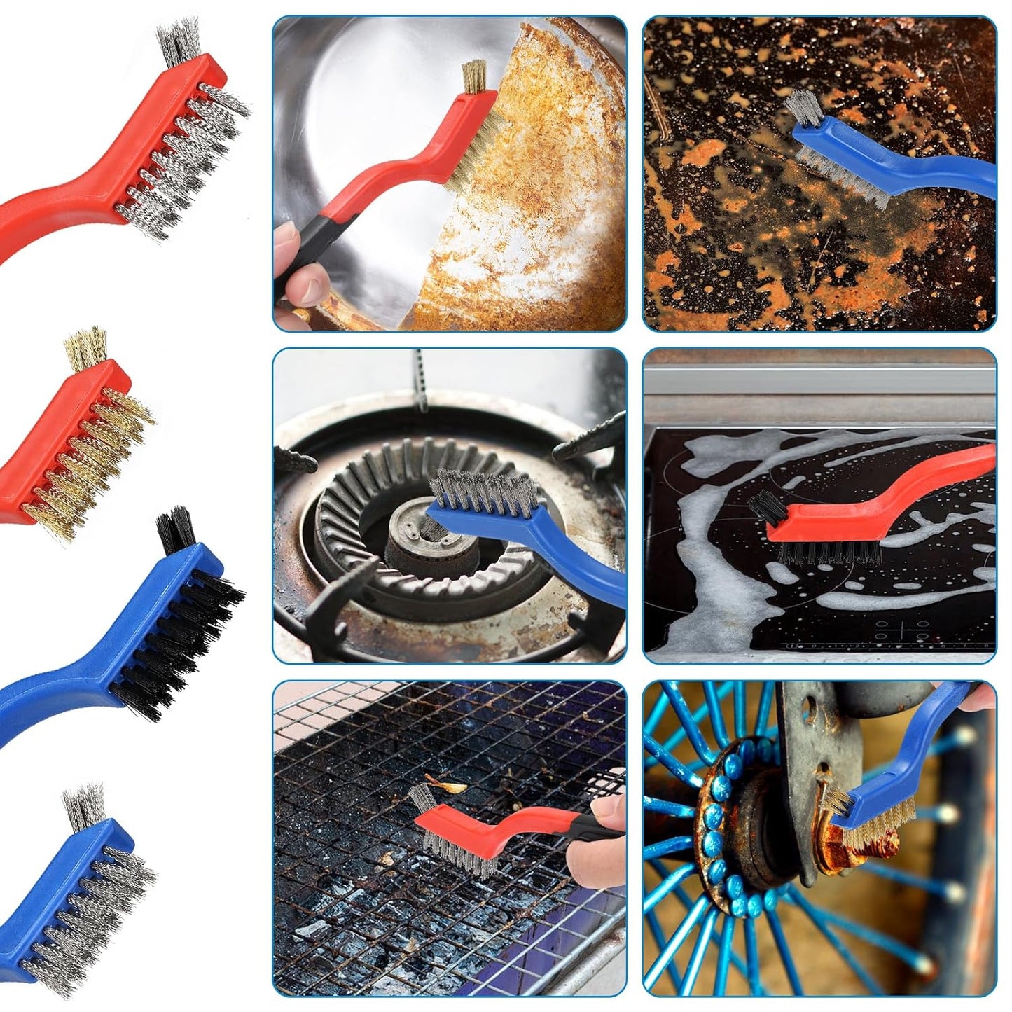 Wire Brush with Scraper Cleaner, Multi-Purpose Stainless Steel/Brass/Nylon Bristle with Curved Handle Grip for Welding Slag Cleaning, Metal Rust Scratching, Paint Scrubbing and Dirt Removal