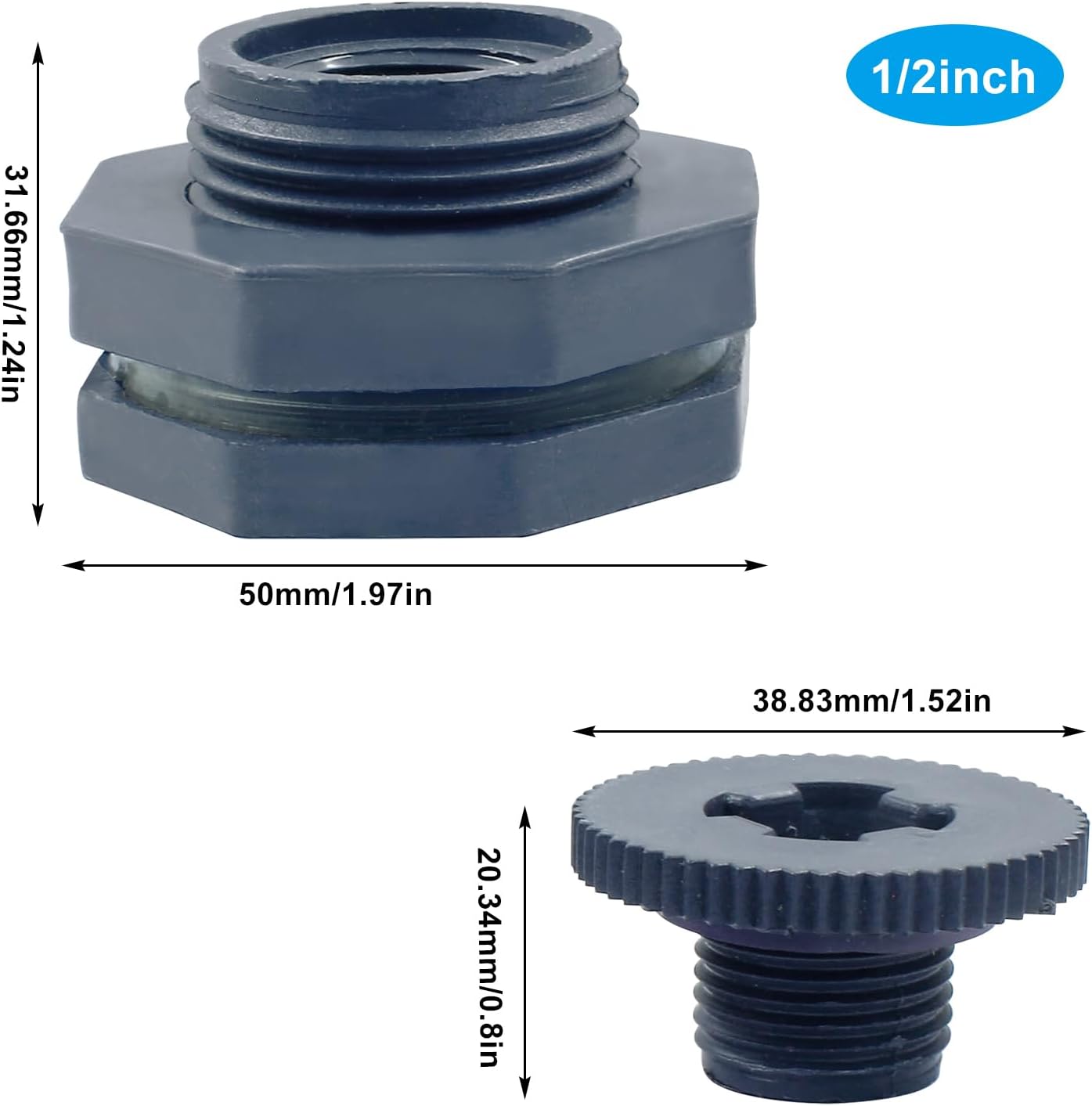 1/2 Inch Pvc Bulkhead Fitting with Plugs NPT1/2 Female Thread Water Tank Connector for Rain Barrels, Aquariums and Ponds