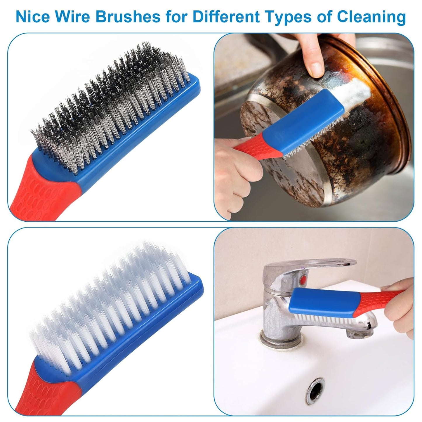 Wire Brush 2 Pack, Multi-Purpose Stainless Steel Scratch Bristle & Nylon Abrasive Brush Set for Cleaning Heavy Duty Metal Rust, Scrubbing Dirt & Paint Removal with Rubber Covered Curved Handle