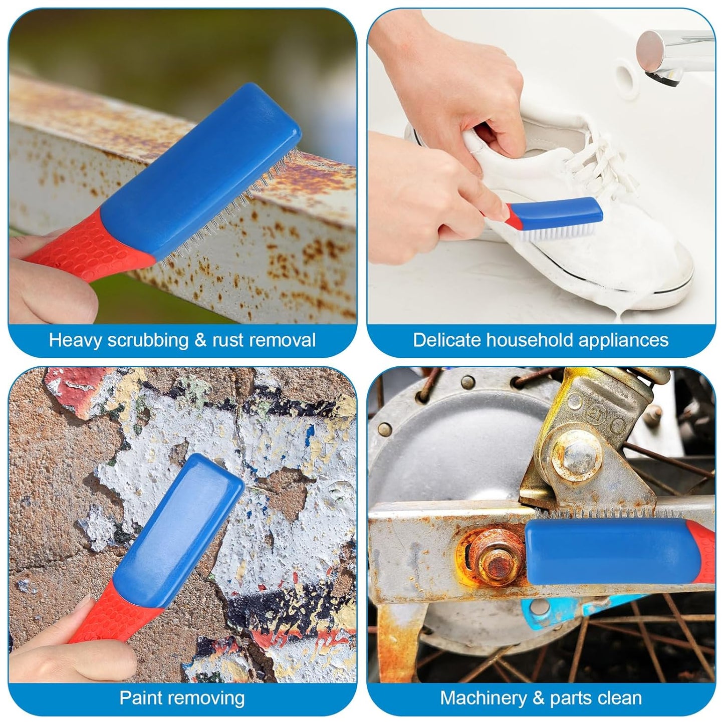 Wire Brush 2 Pack, Multi-Purpose Stainless Steel Scratch Bristle & Nylon Abrasive Brush Set for Cleaning Heavy Duty Metal Rust, Scrubbing Dirt & Paint Removal with Rubber Covered Curved Handle