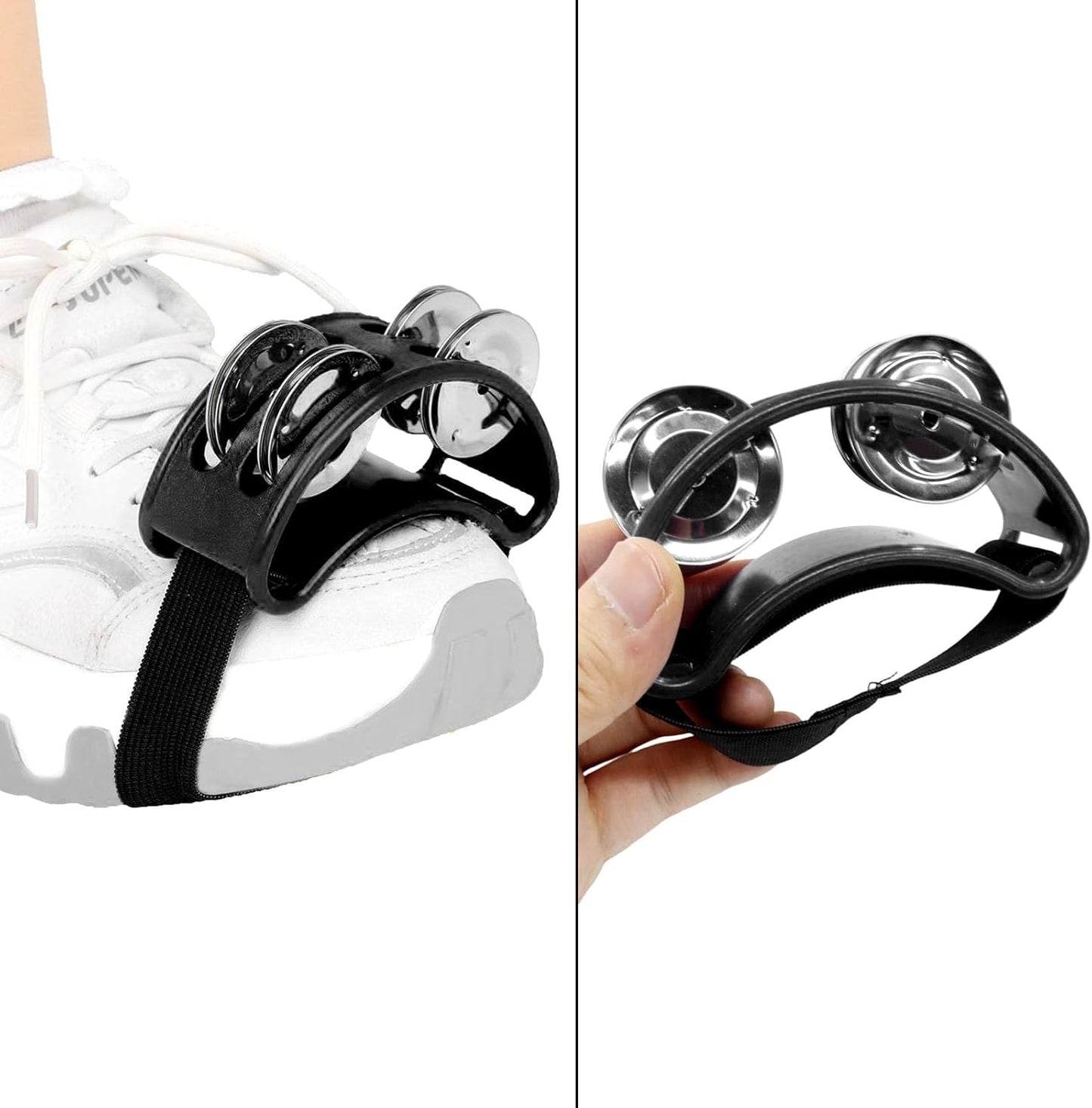 2 PCS Foot Tambourine Percussion Musical Foot Tambourine Pedal Steel Jingle Bells, Percussion Instrument Foot Shaker Adjustable, Steel Jingle Bells for Drum & Guitar Playing/Adults, Black