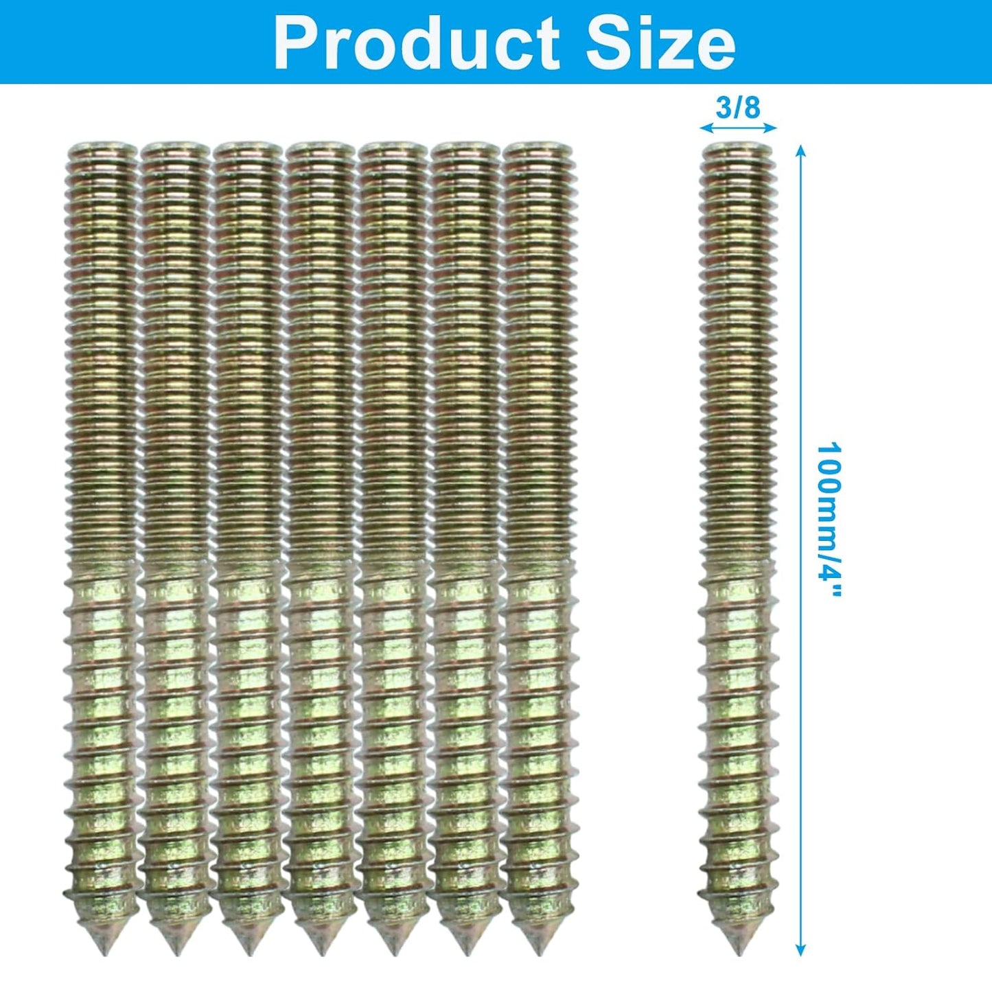 8 Pack 3/8-16 x 4 Inch Hanger Bolts Double Headed Self-Tapping Screw Threaded Rods Bolt for Furniture Wood Joint