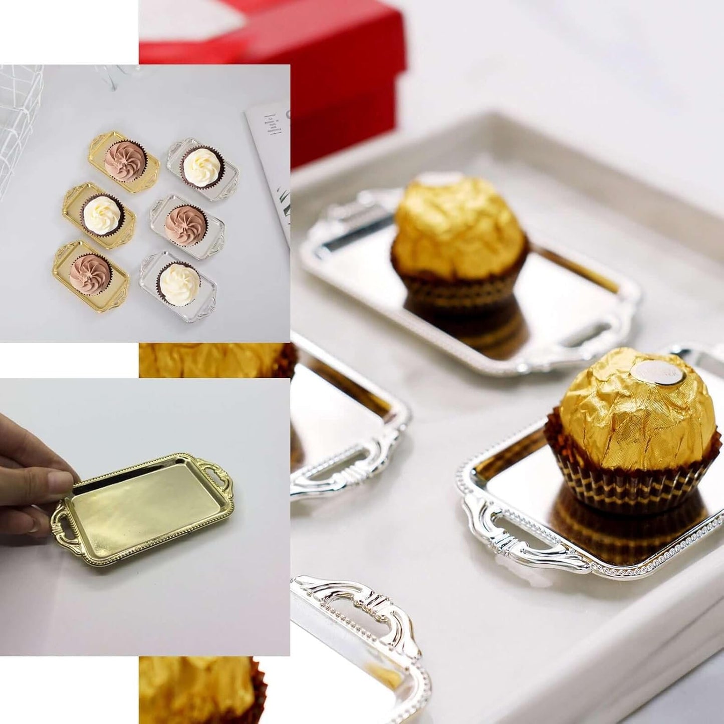 Efavormart 12 Pack - 4" Gold Rectangular Mini Candy Display Tray Favors for Wedding, Bridal Shower, Baby shower, Birthday, Candy Jars Decorations