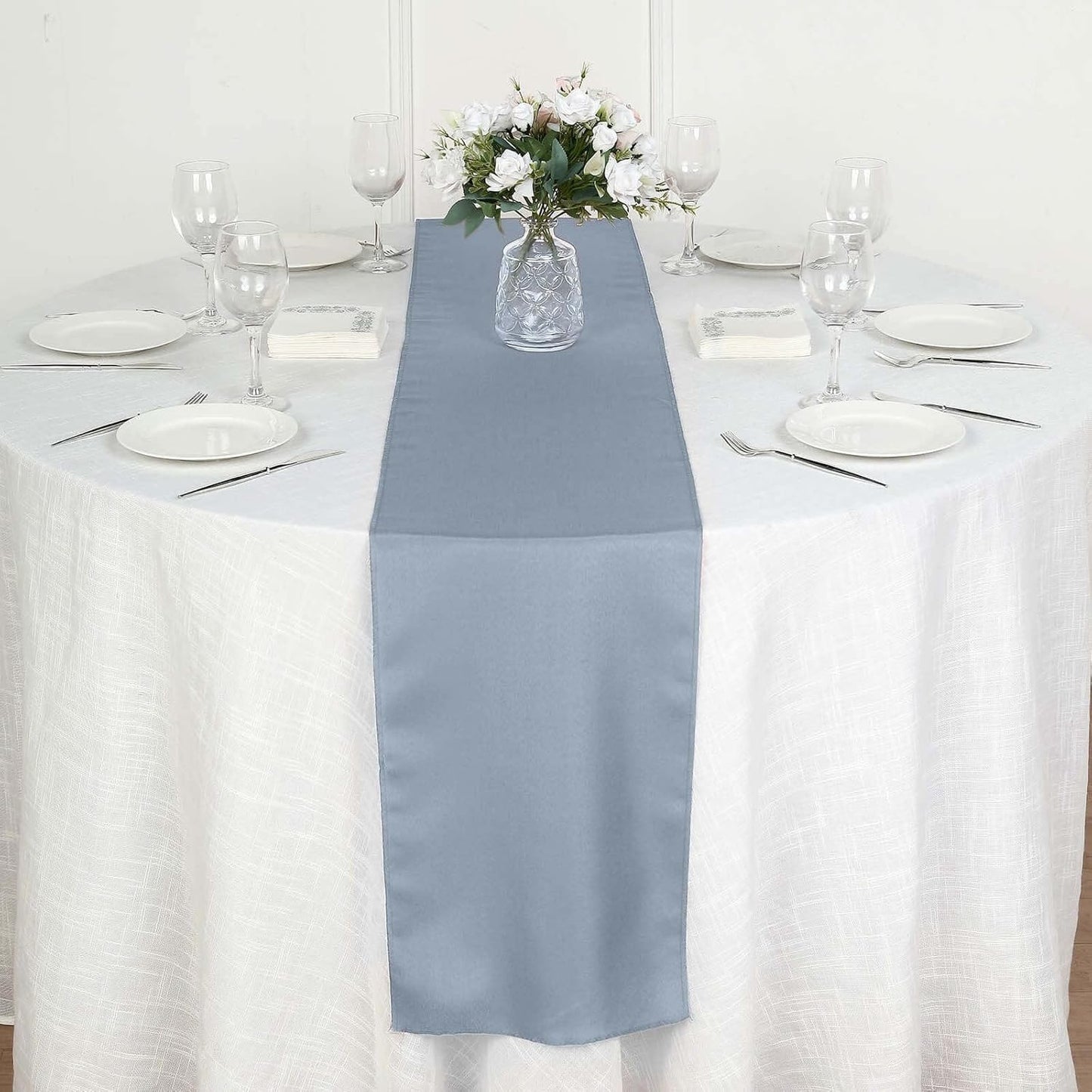 Efavormart Dusty Blue Premium Polyester Table Top Runner for Weddings Birthday Party Banquets Decor Fit Rectangle and Round Table