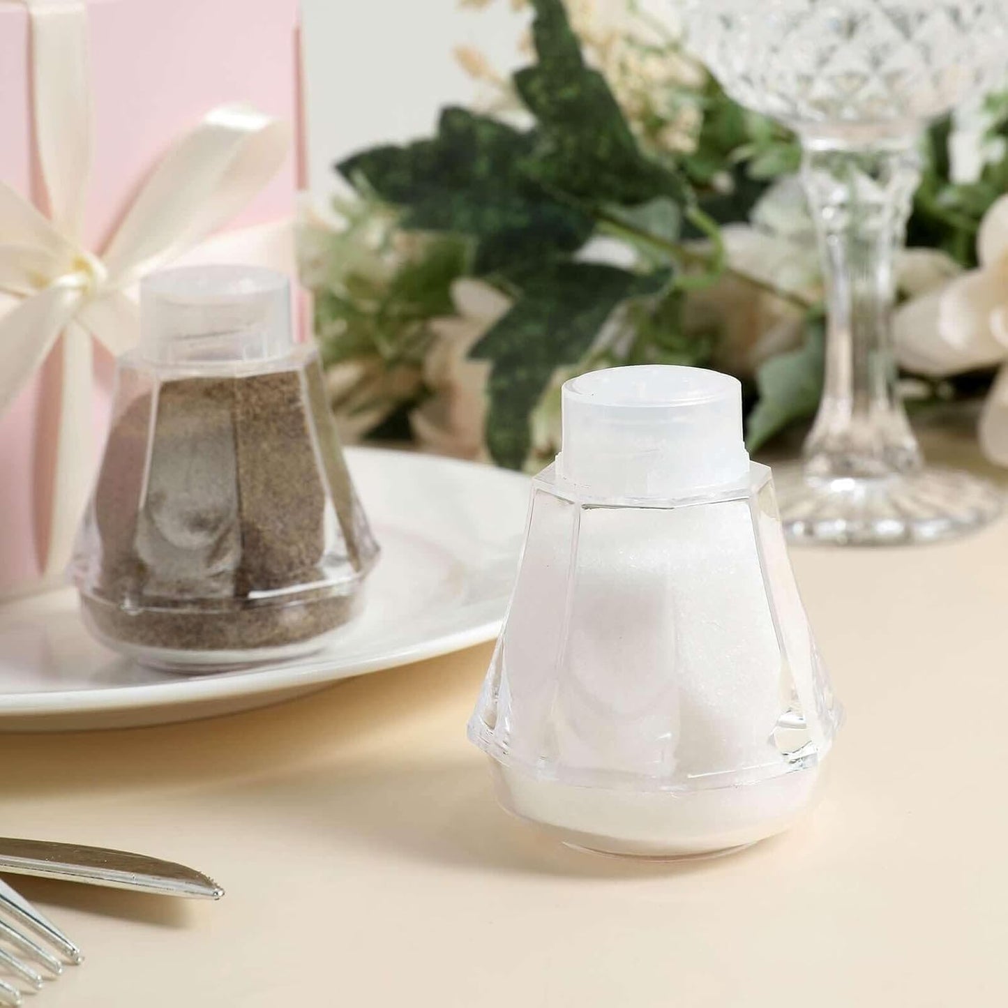 Efavormart 12 Pack 2" Clear Gem-Cut Plastic Salt and Pepper Shakers - Diamond Shaped Tabletop Favor Containers for Wedding Receptions, Parties and Formal Banquets