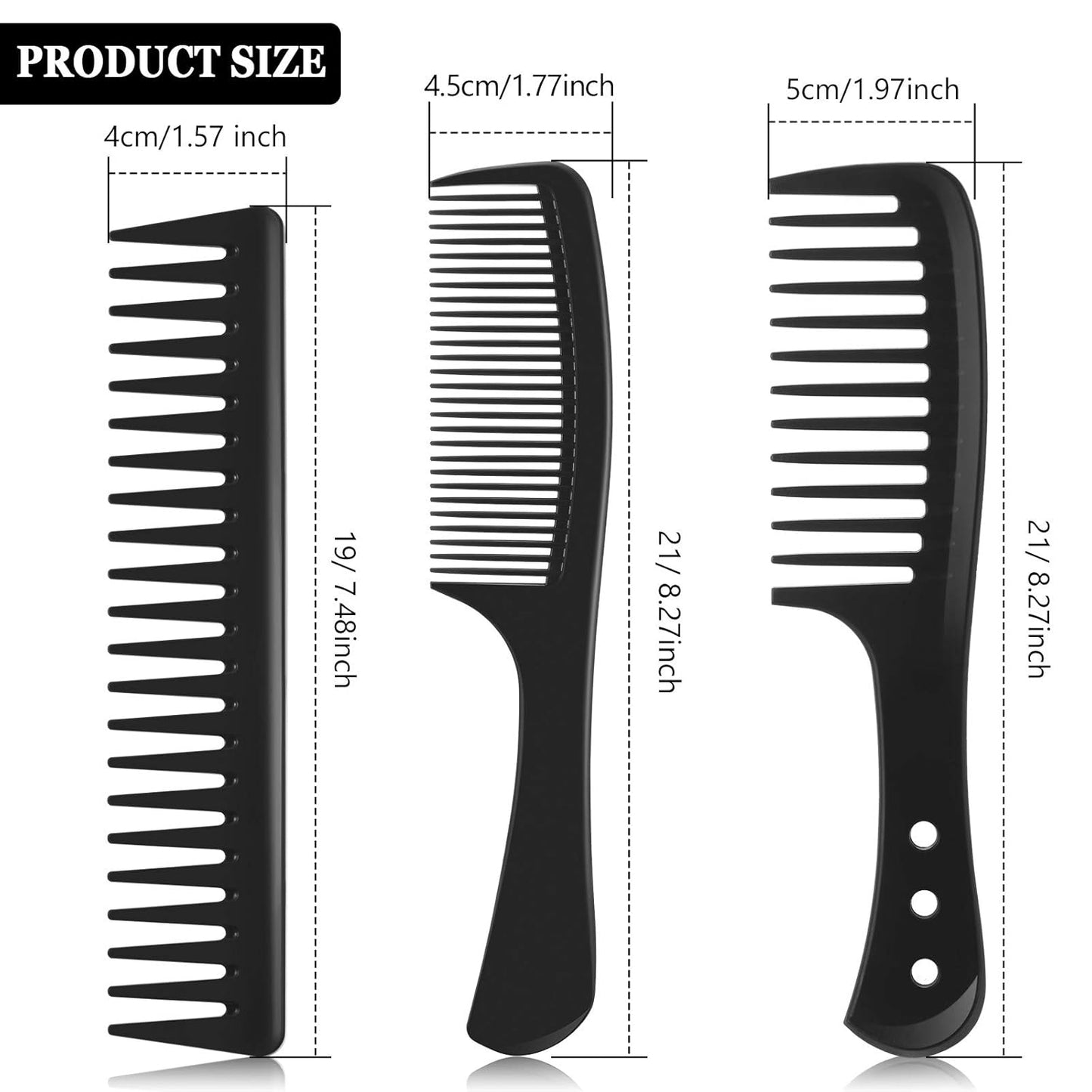 3 Pieces Wide Tooth Detangling Hair Comb Styling Set, Carbon Fiber Styling Cutting Comb Anti Static Heat Resistant for Women Curly Straight Long Hair, Black