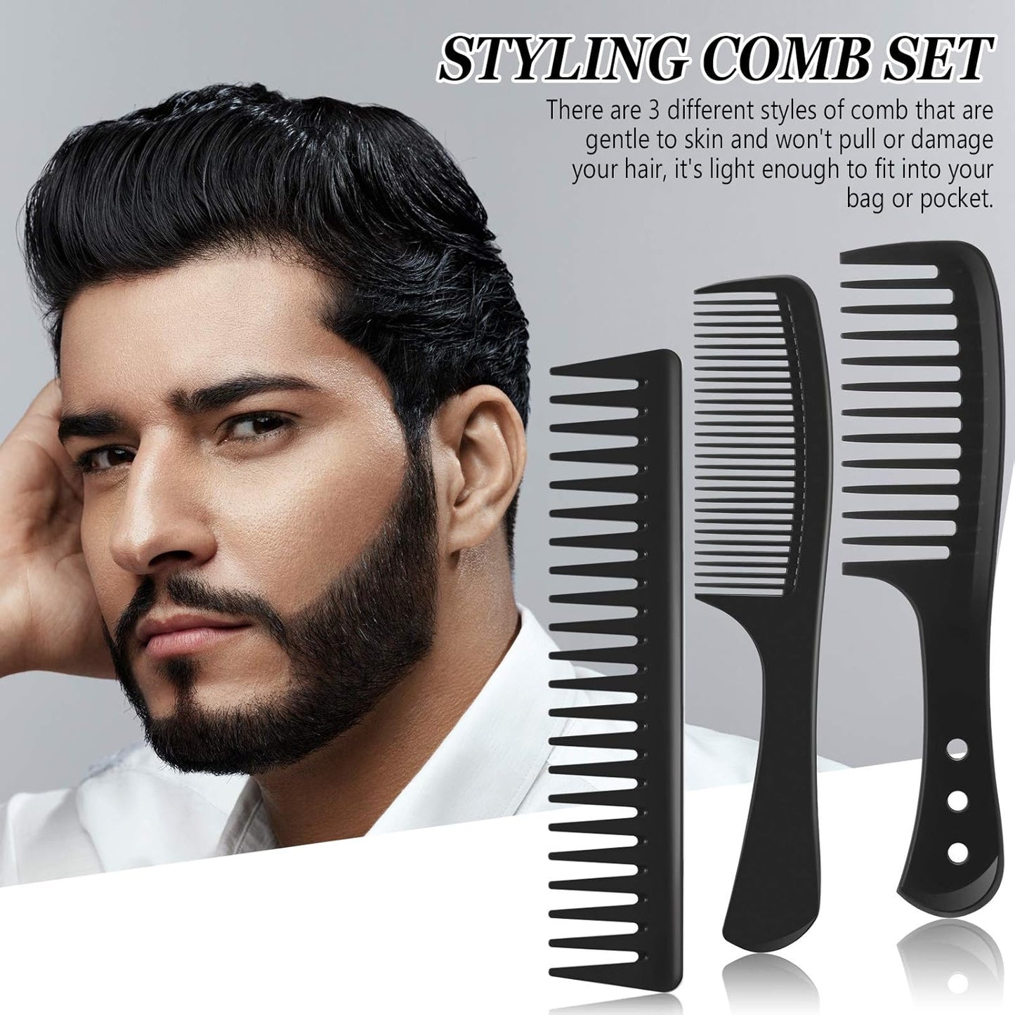 3 Pieces Wide Tooth Detangling Hair Comb Styling Set, Carbon Fiber Styling Cutting Comb Anti Static Heat Resistant for Women Curly Straight Long Hair, Black