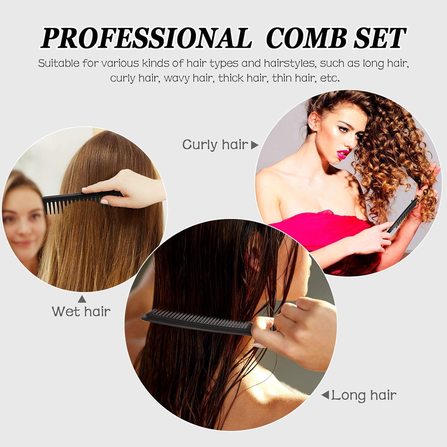 3 Pieces Wide Tooth Detangling Hair Comb Styling Set, Carbon Fiber Styling Cutting Comb Anti Static Heat Resistant for Women Curly Straight Long Hair, Black