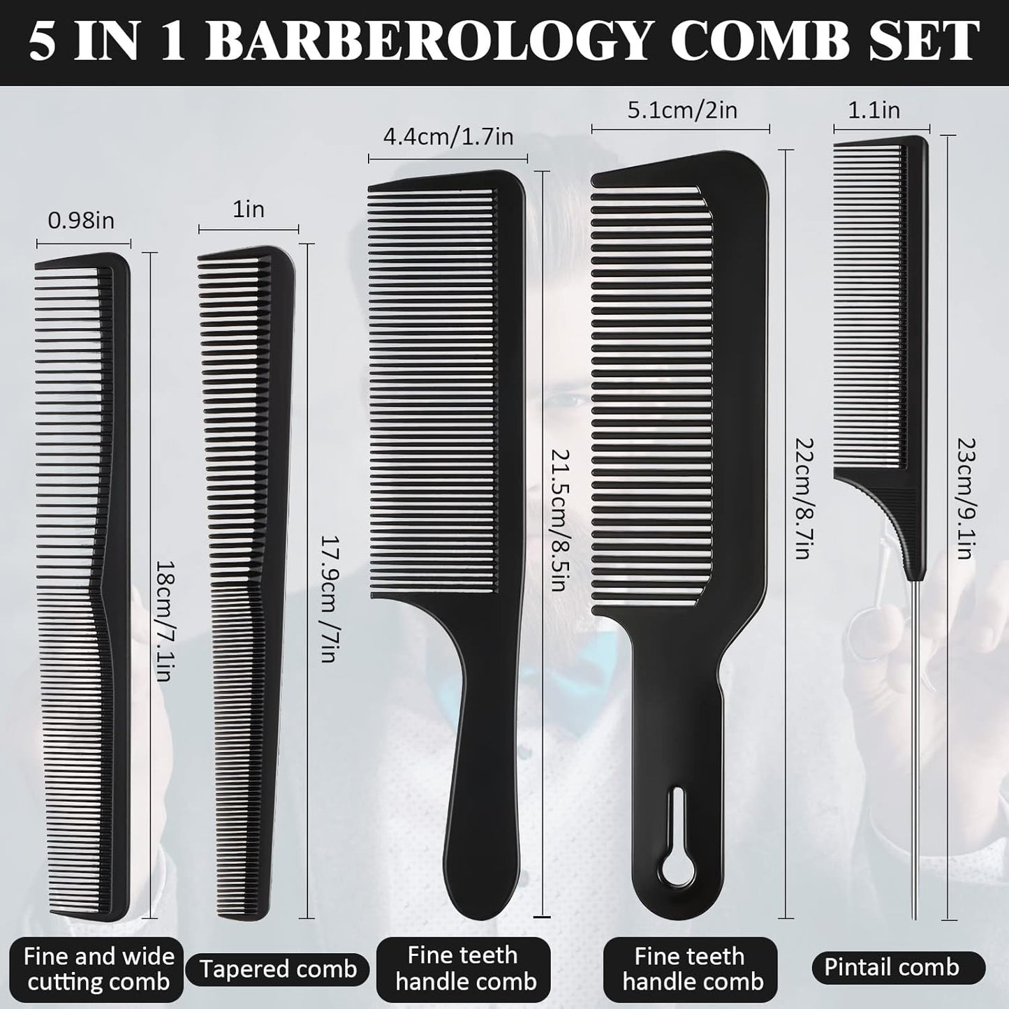 5 Pieces Hair Cutting Comb Set, Carbon Fiber Barber Comb Hair Styling Combs Fine Teeth Anti Static Heat Resistant Hairdressing Tapered Comb for Men Women