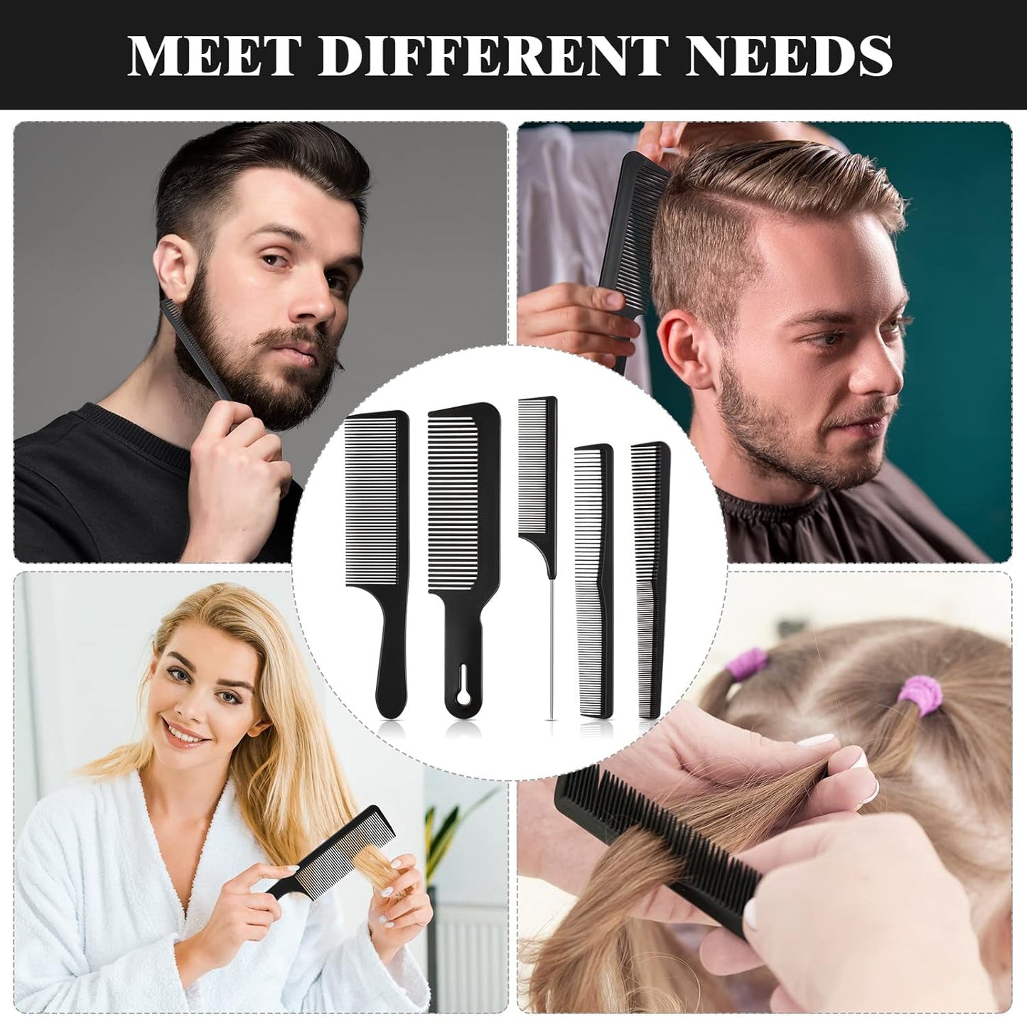 5 Pieces Hair Cutting Comb Set, Carbon Fiber Barber Comb Hair Styling Combs Fine Teeth Anti Static Heat Resistant Hairdressing Tapered Comb for Men Women