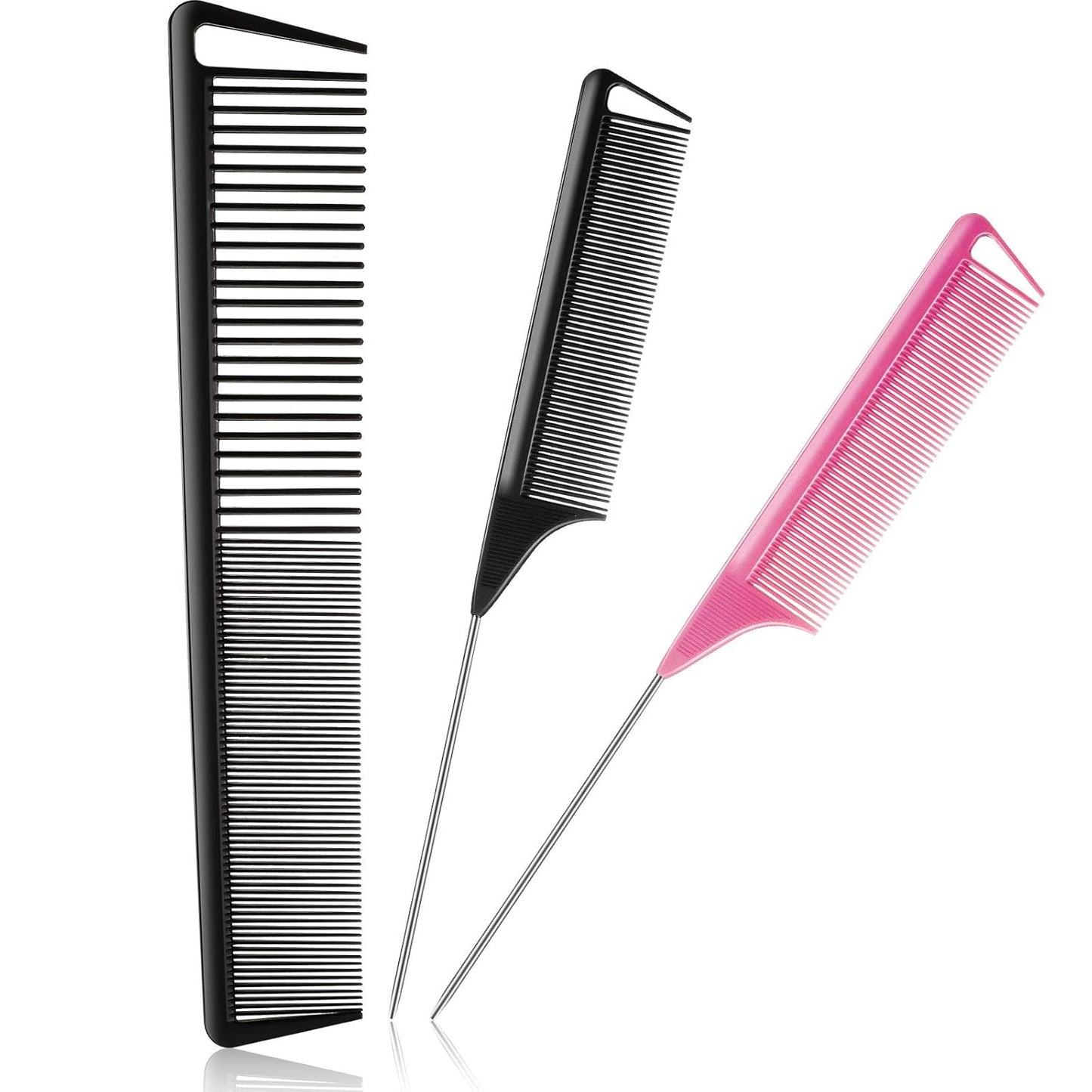 3 Pcs Rat Tail Parting Comb for Braids Carbon Fiber Stainless Steel Pintail Teasing Combs Heat Resistant with Wide Tooth for Men and Women, Hair Stylist, Salon Hairdressing Hair Care Tools